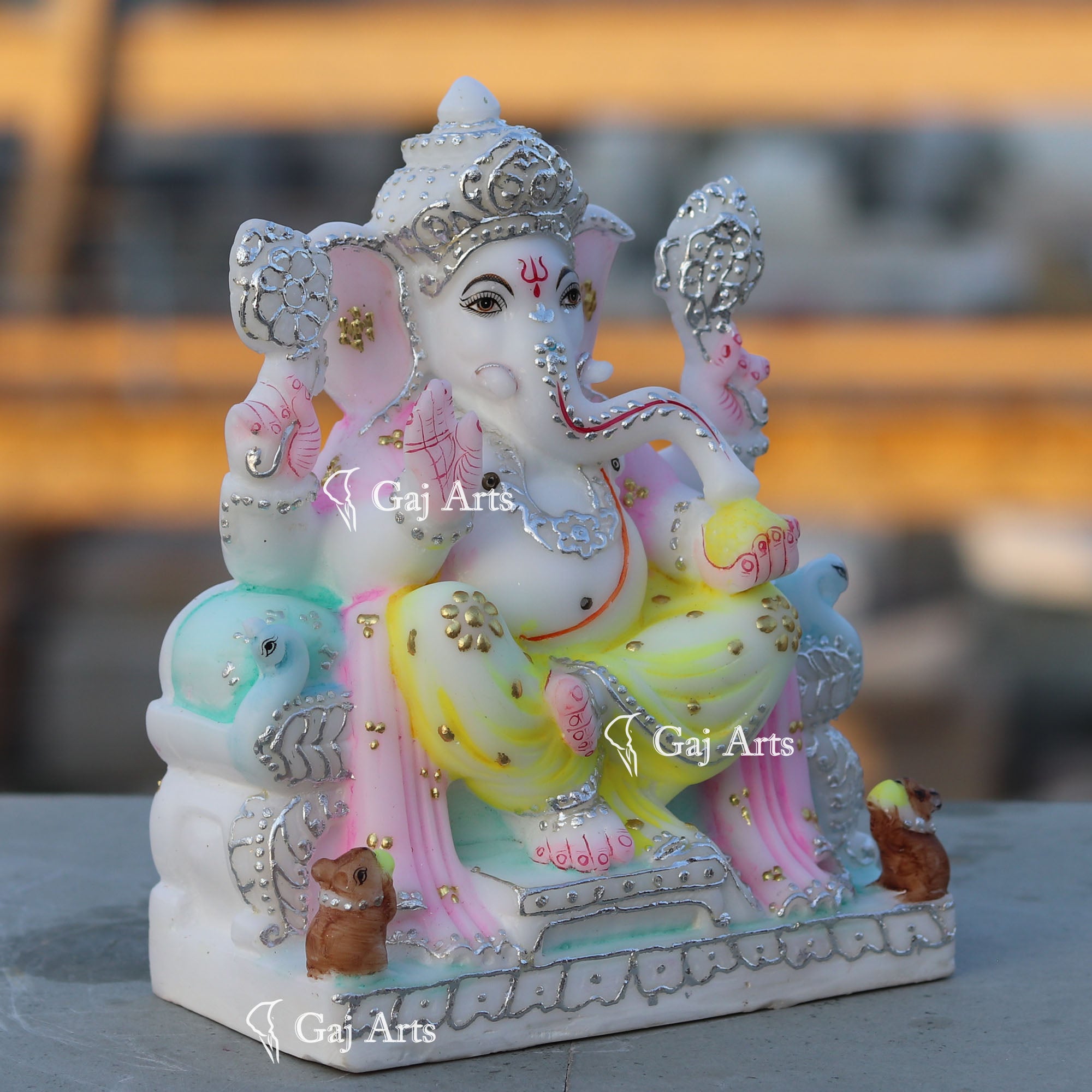 White Marble Ganesh Statue with Silver Work | 7 Inch