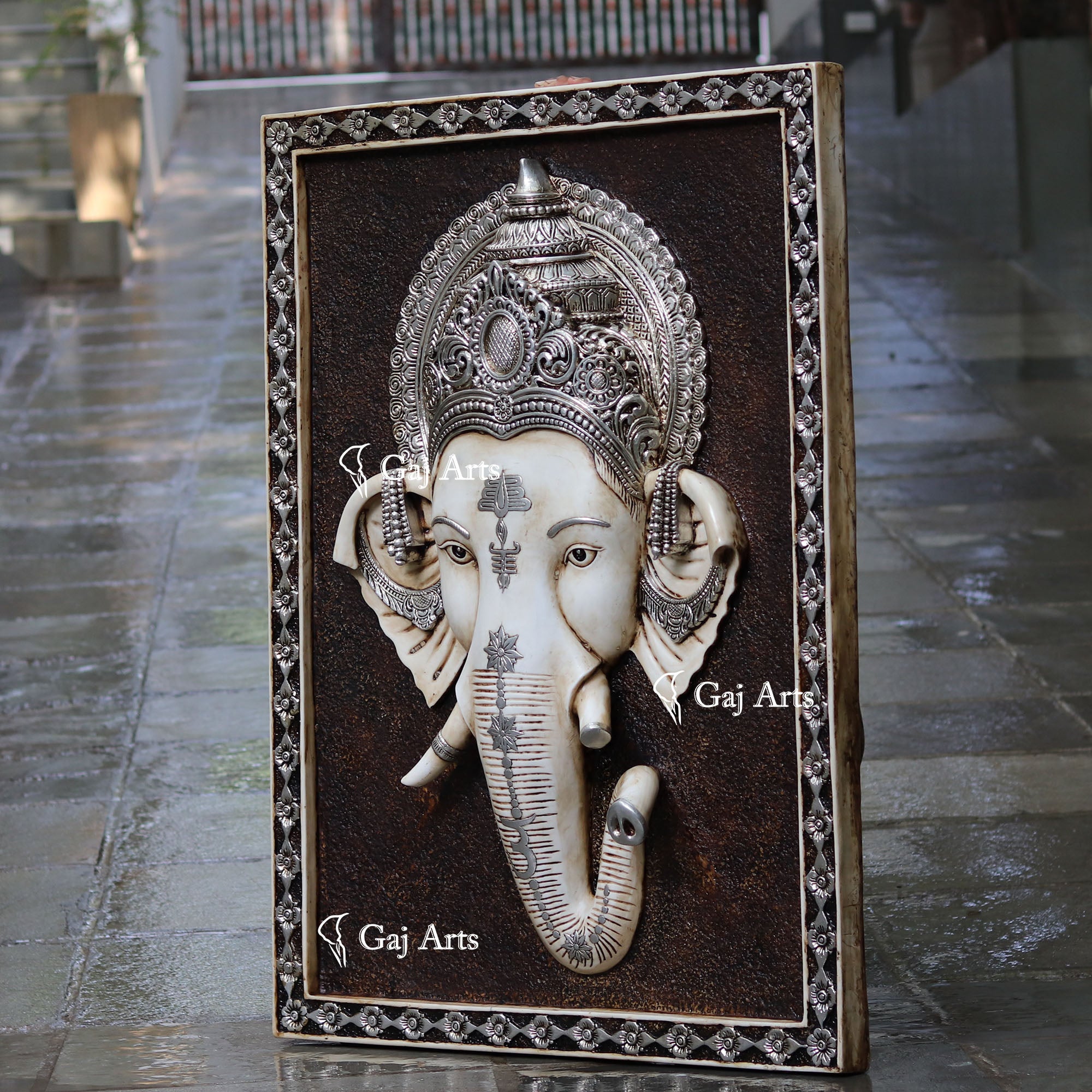 White Korean Marble Ganpati Wall Panel Silver Art | 48 Inch