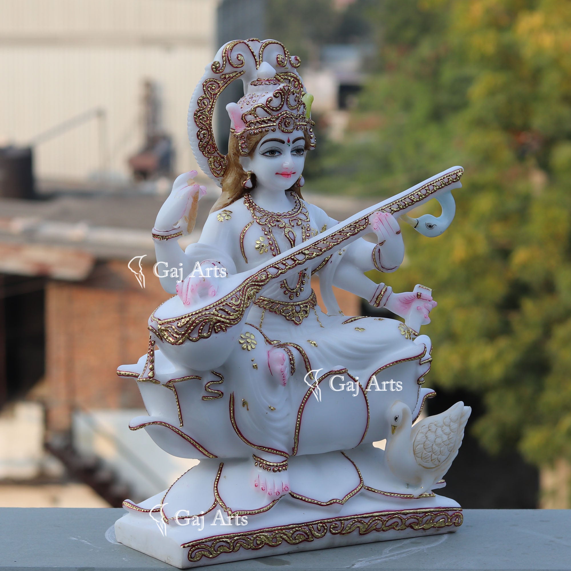 White Marble Saraswati Mata Murti | 18 Inch