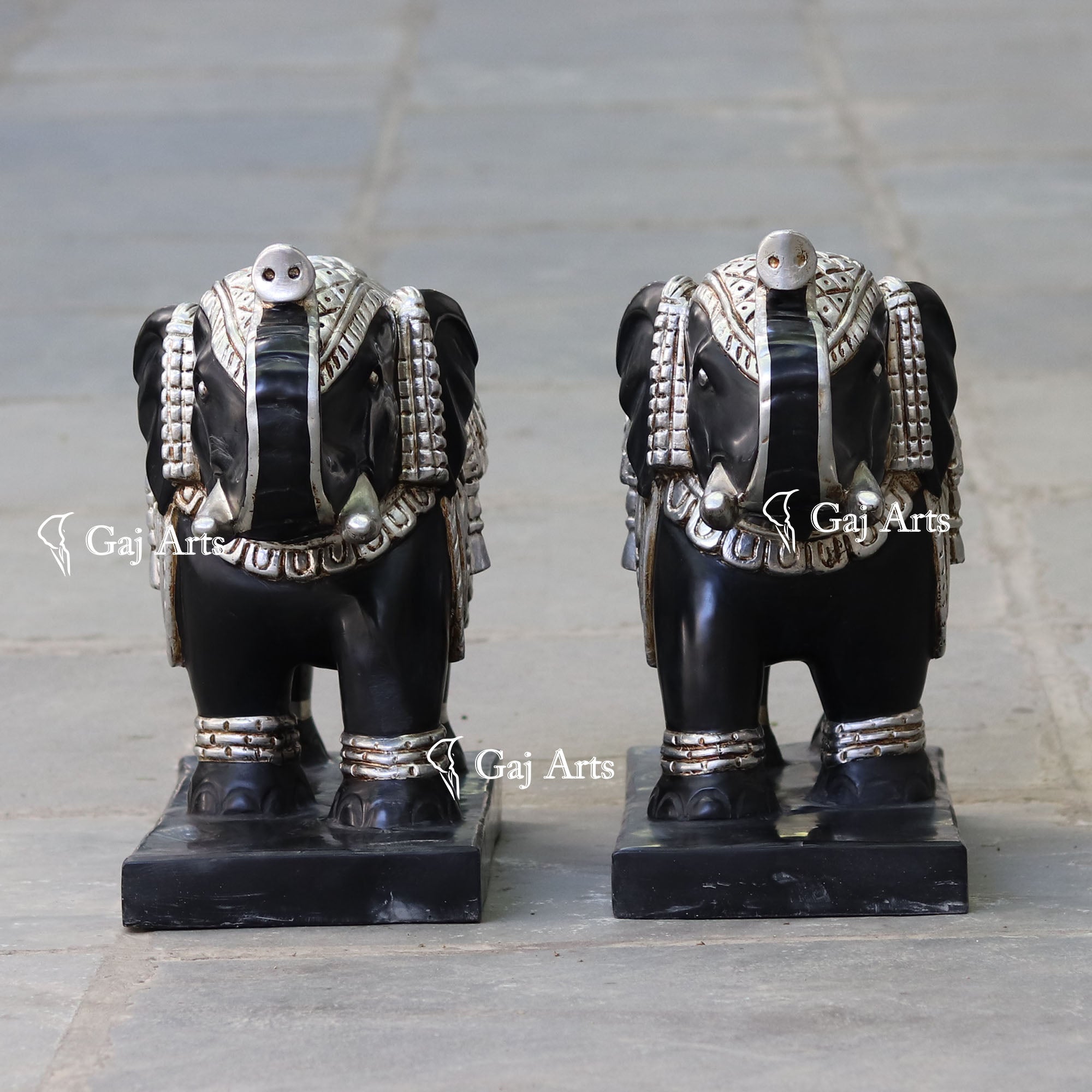 Black Marble Korean Silver Elephant Statue | 18 Inch