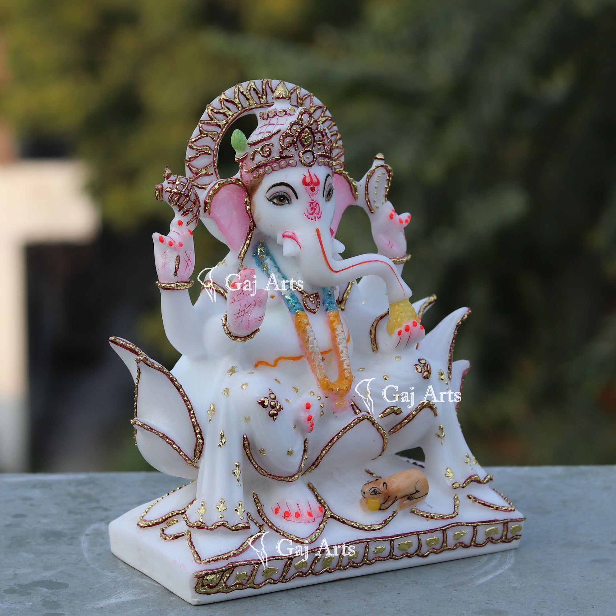 White Marble Ganesh Statue on Lotus | 9 Inch