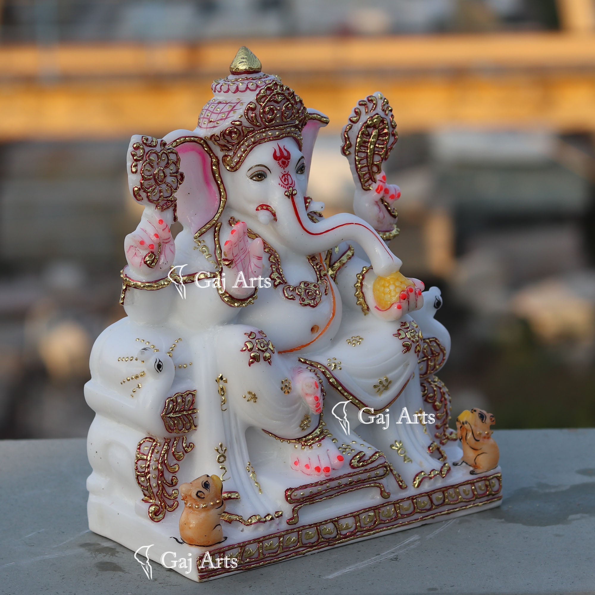White Marble Ganpati Idol on Singhasan | 9 Inch