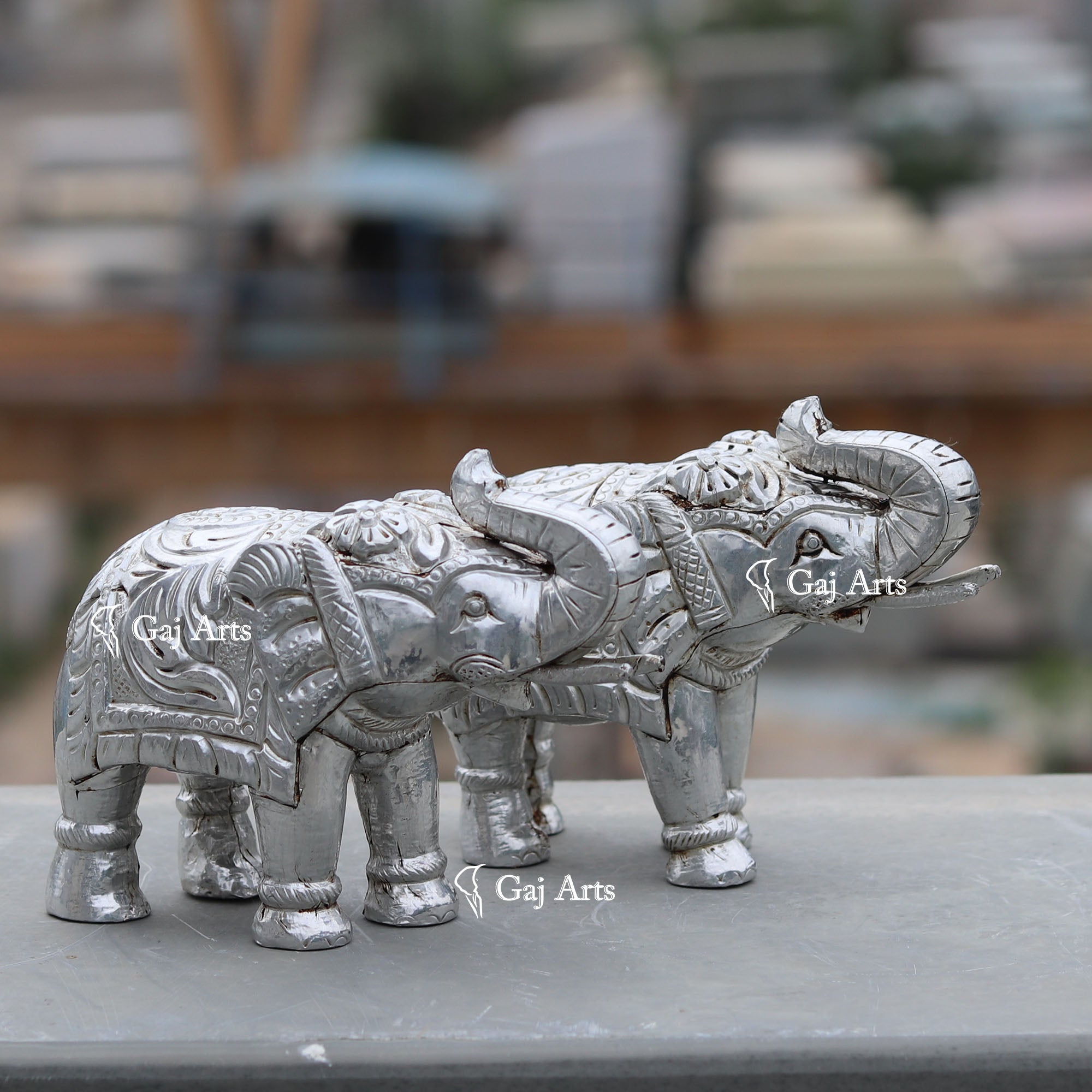 Wooden Elephant Statue with Silver Metal Work | 6 Inch