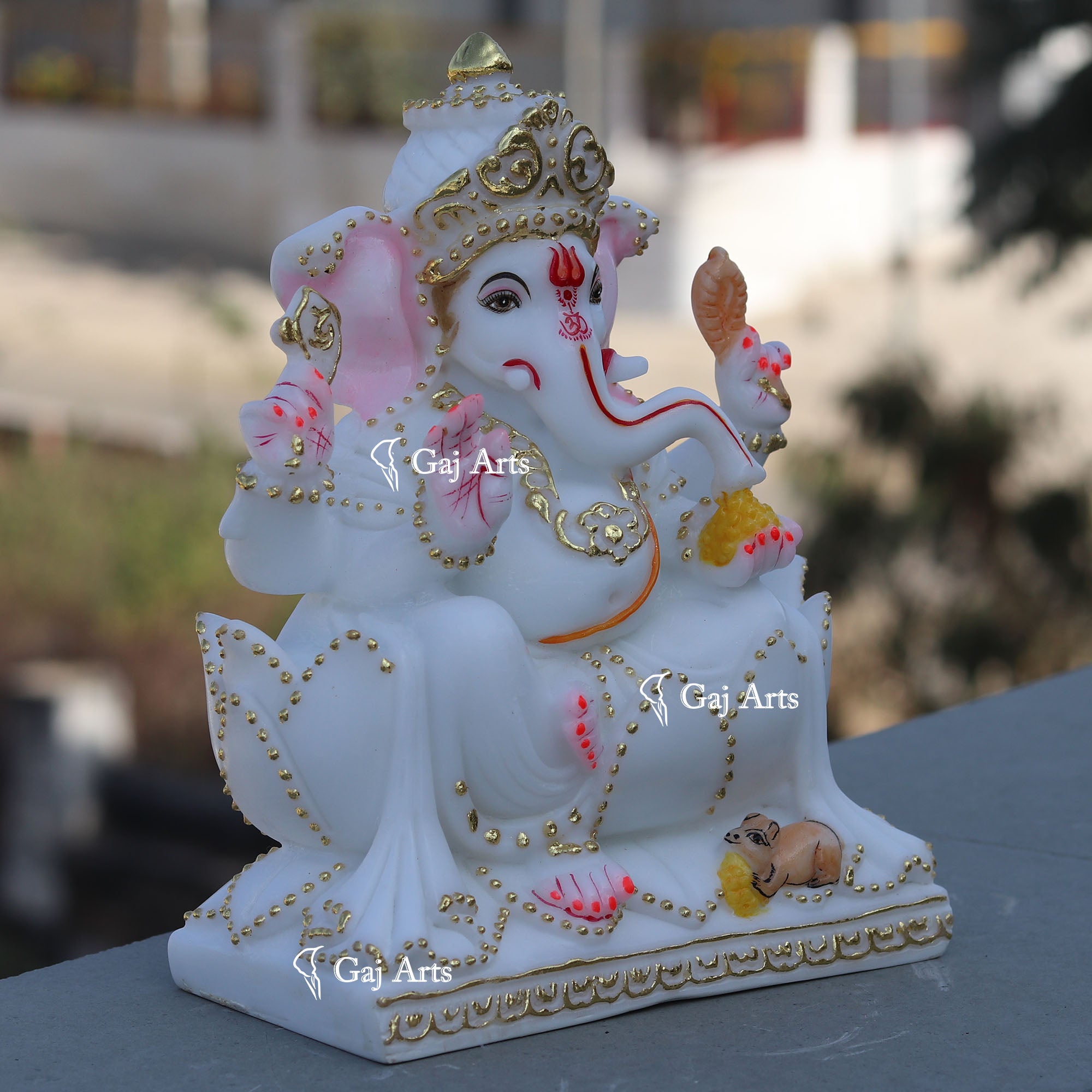 Marble Ganesh Idol on Lotus Base | 9 Inch