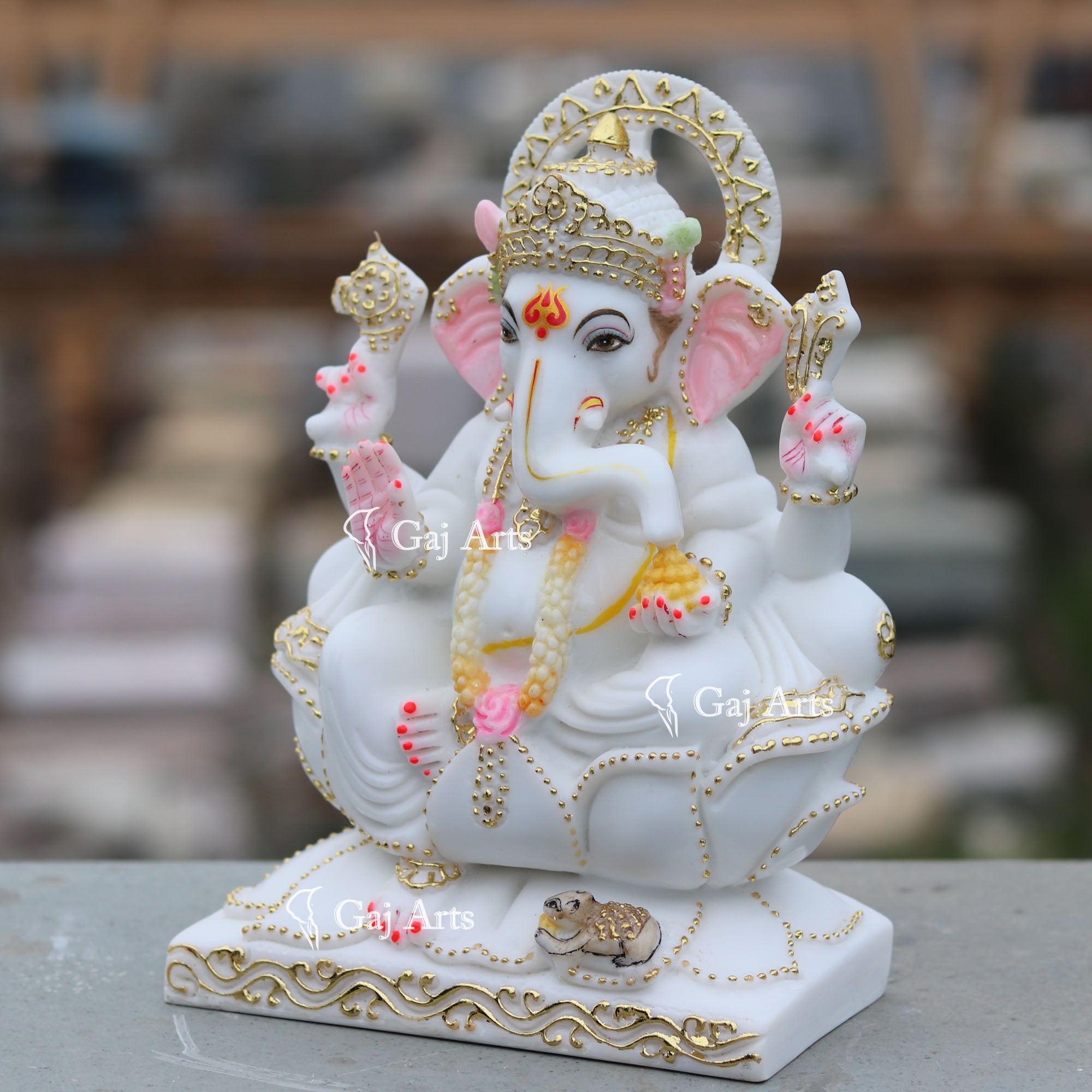 Marble Ganesh Idol on Lotus Base | 10 Inch