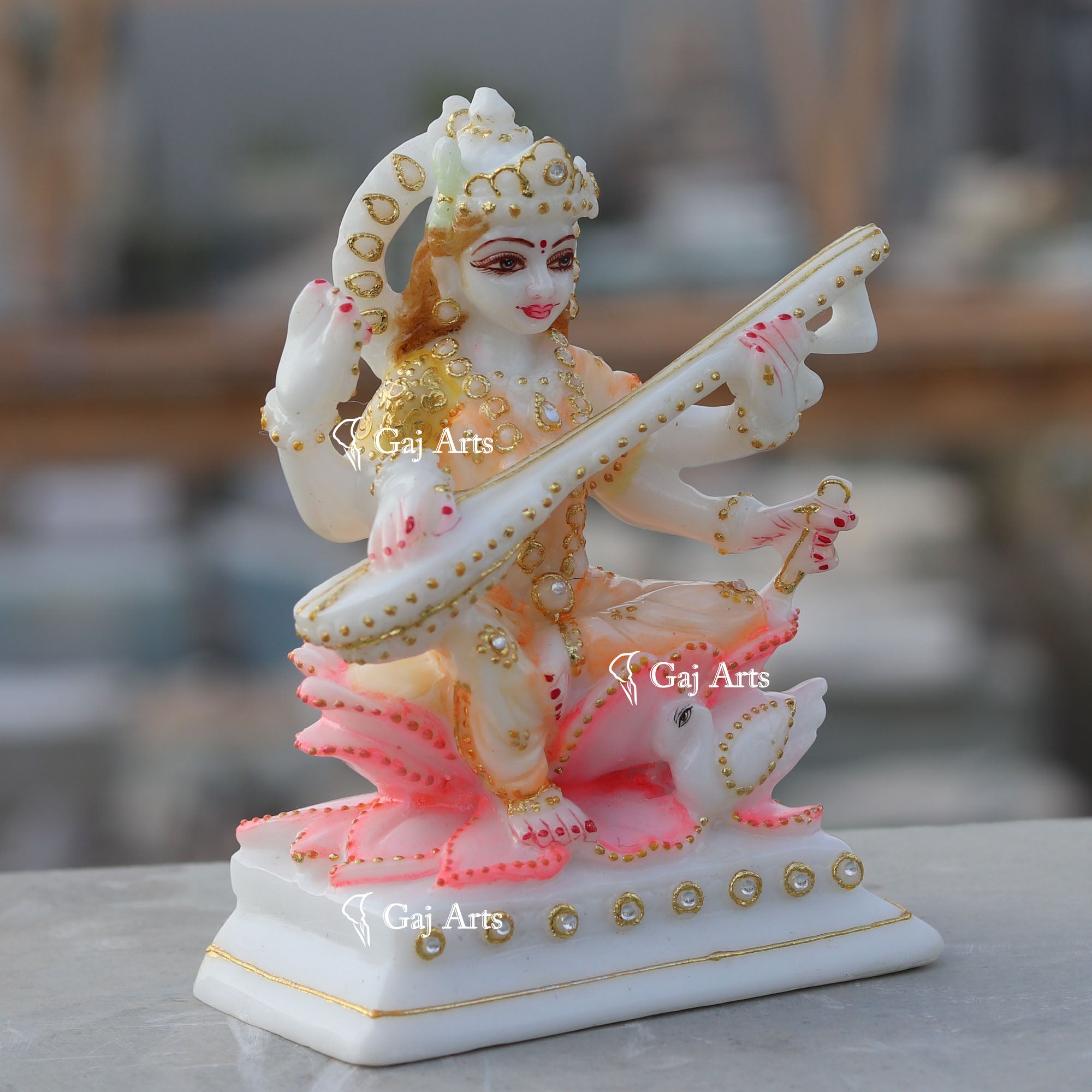 White Ethiopia Marble Saraswati Maa Idol | 6 Inch