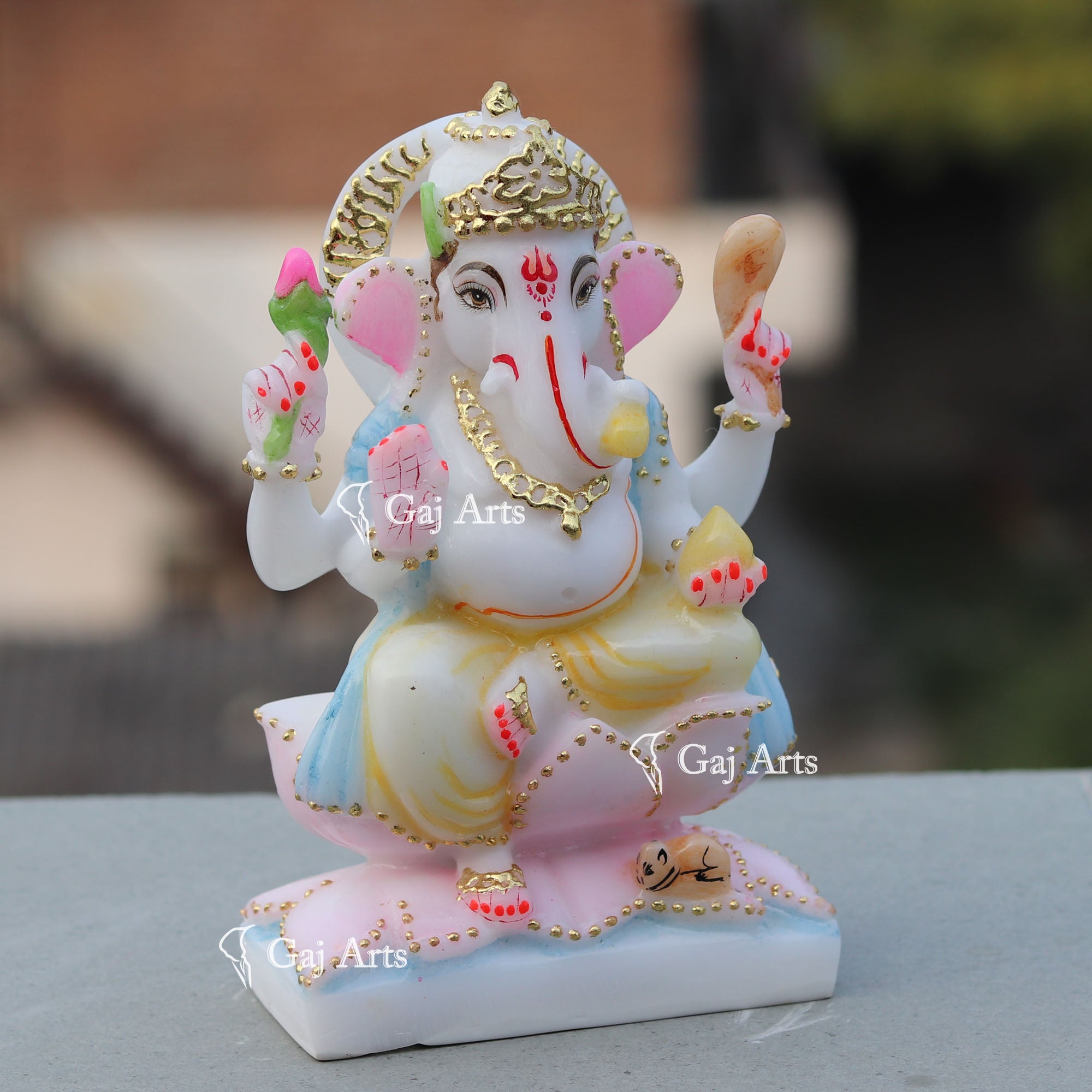 White Marble Ethiopia Ganpati Murti | 7 Inch Gold Foil Handcrafted