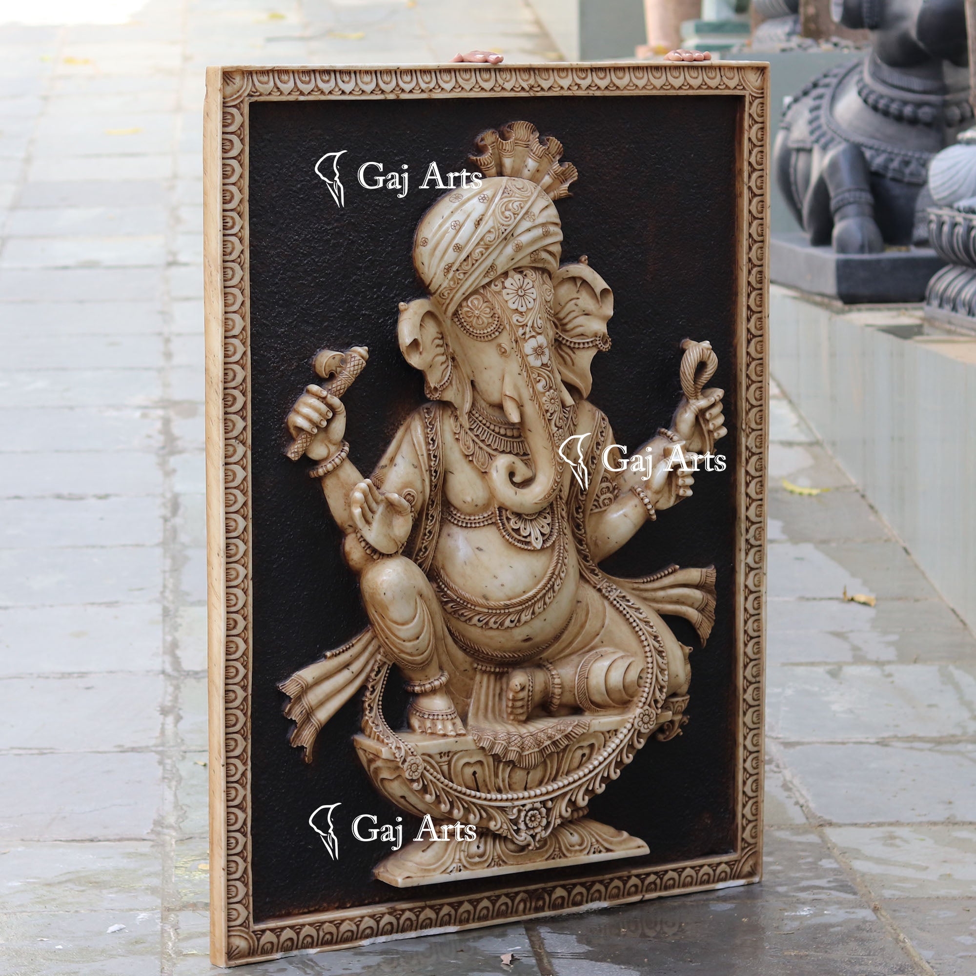 White Antique Finish Marble Ganpati Wall Panel | 54 Inch