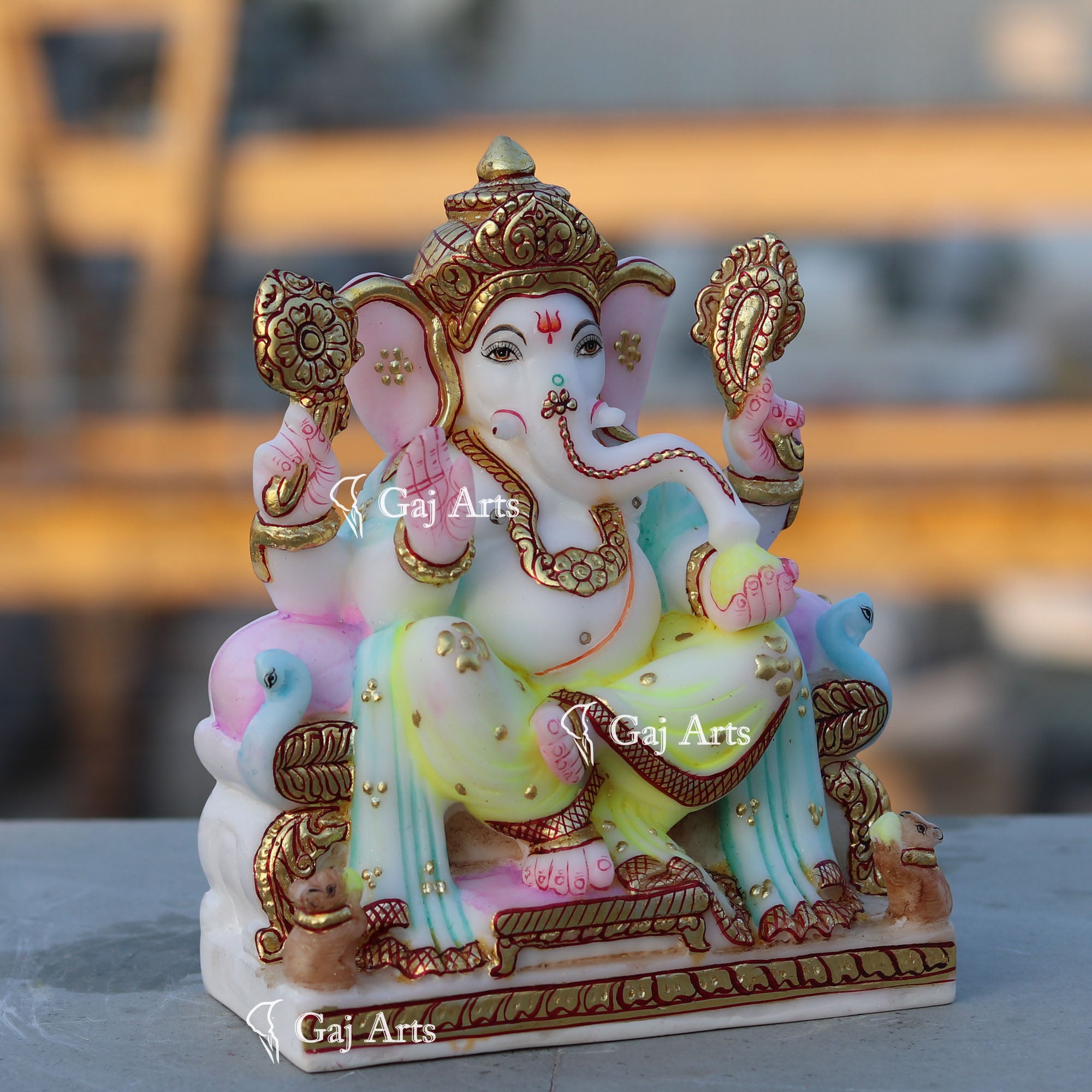 White Marble Ganesh Idol with Gold Work | 7 Inch