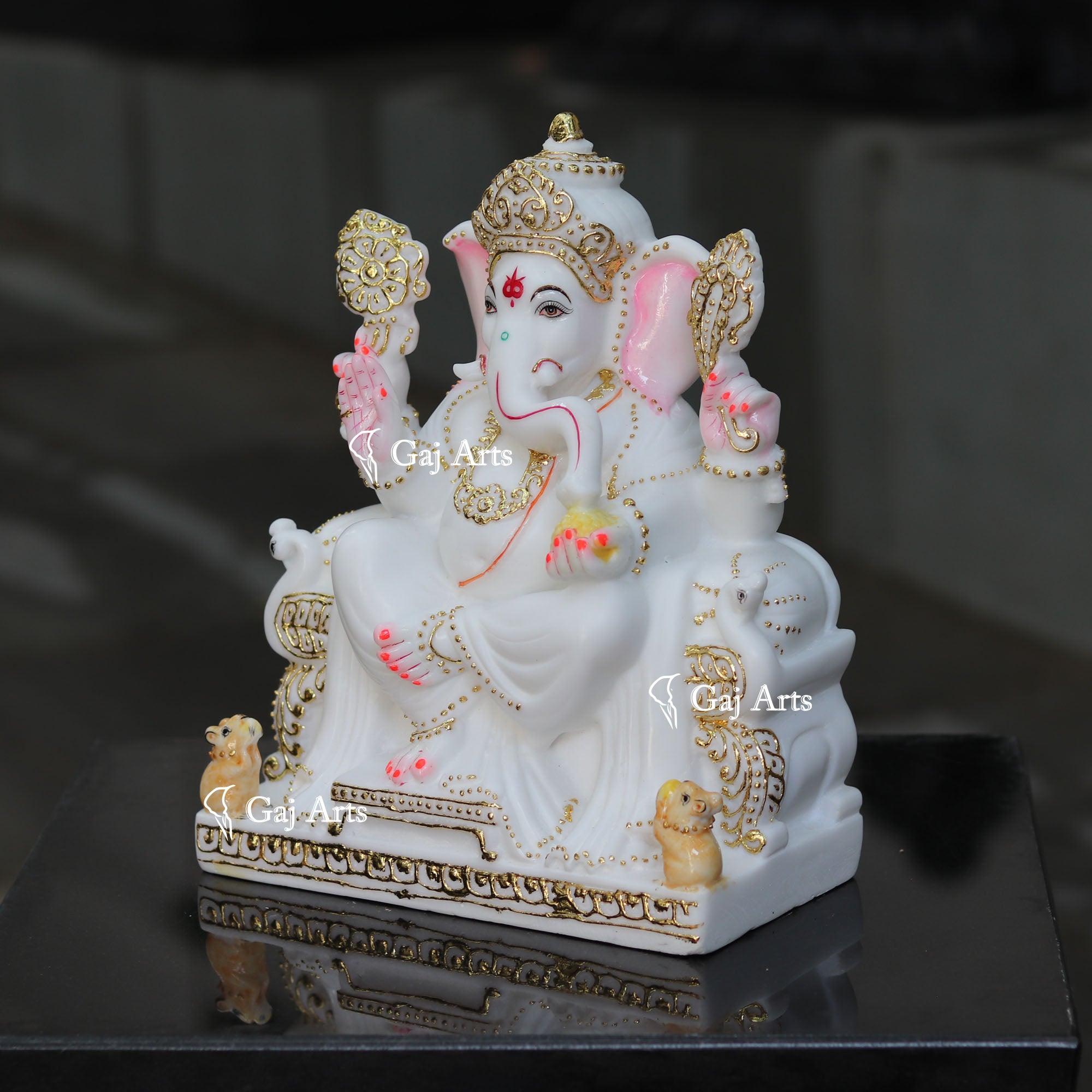 Marble Ganpati Statue on Singhasan Base | 12 Inch