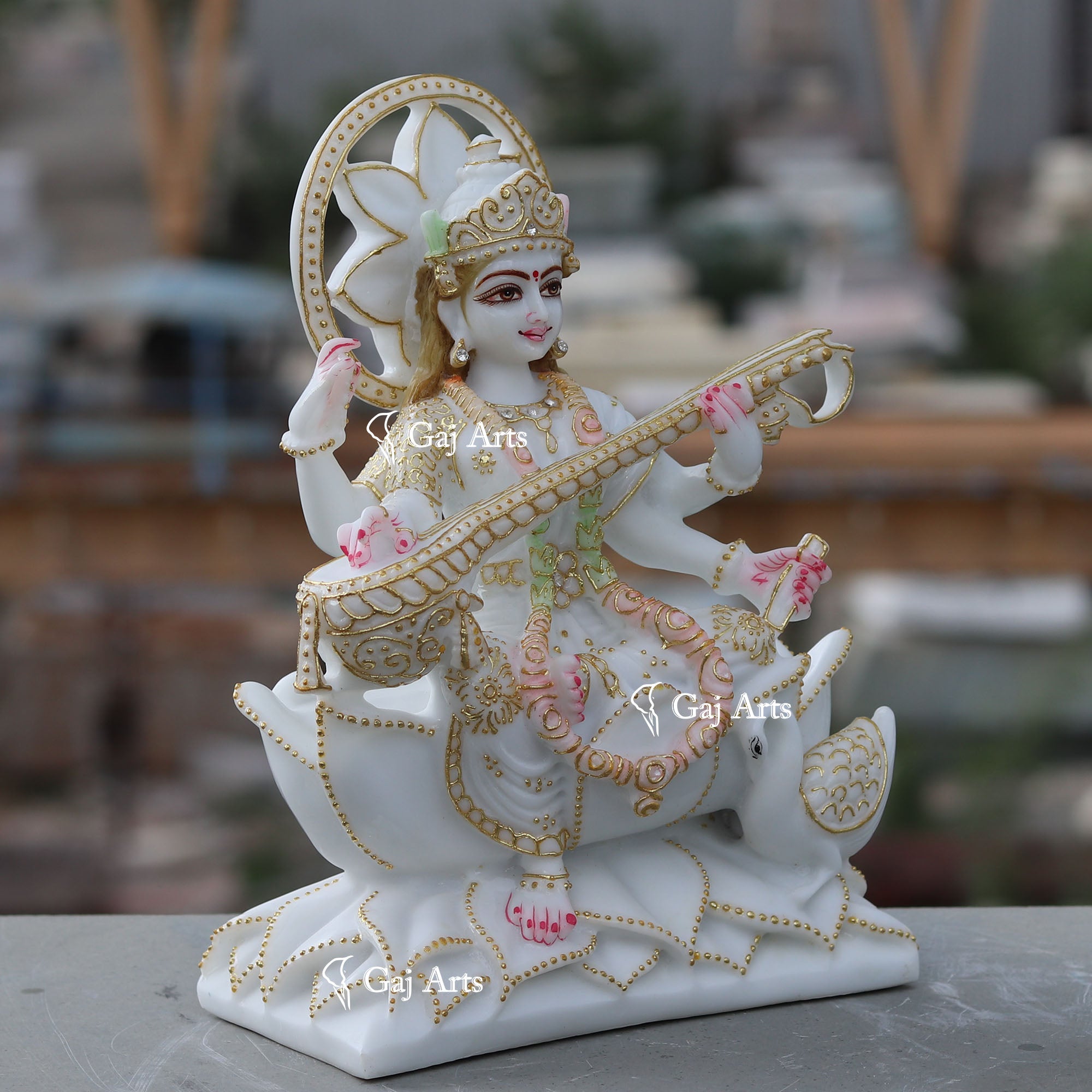 White Ethiopia Marble Saraswati Mata Statue | 12 Inch