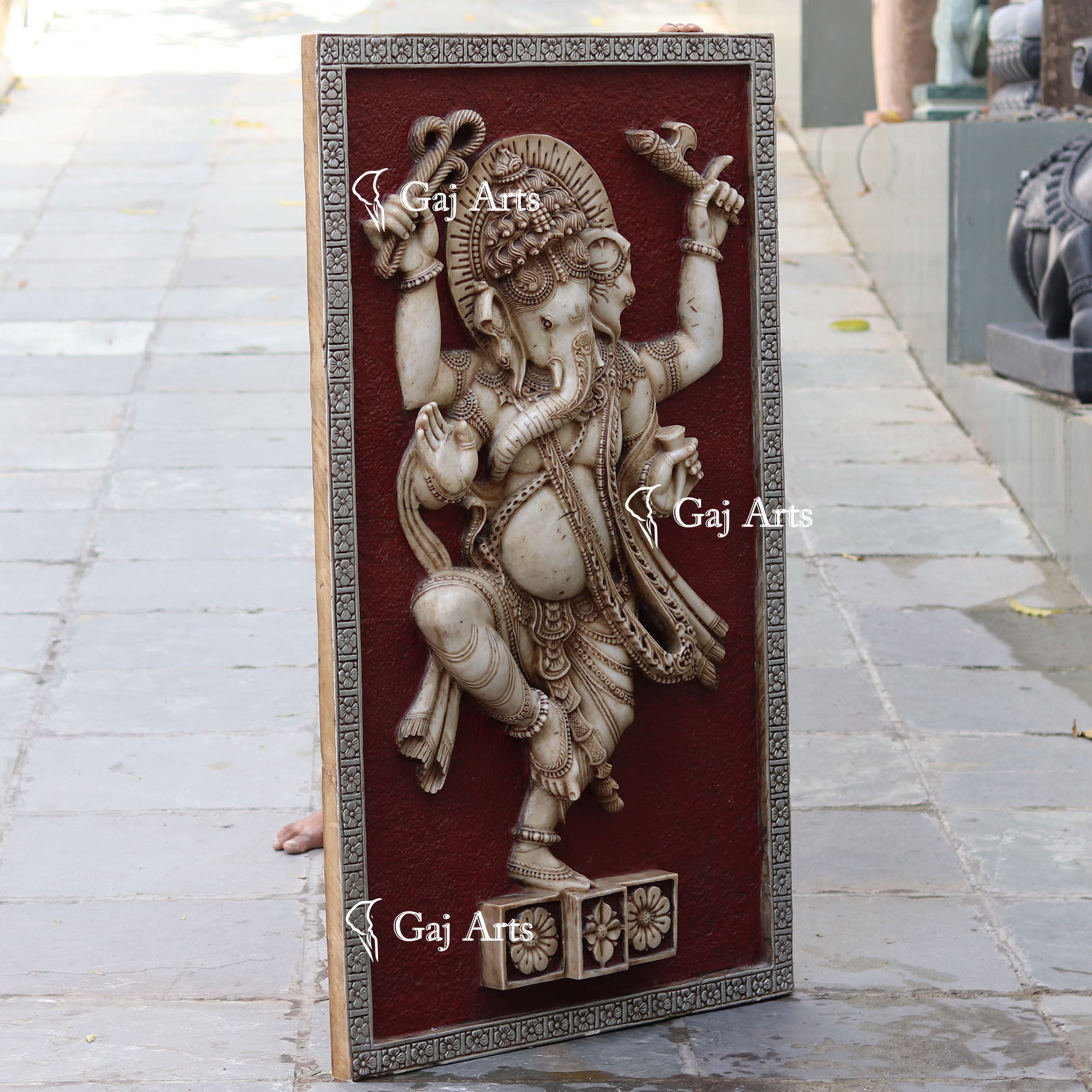 White Antique Finish Marble Dancing Ganpati Wall Panel | 60 Inch