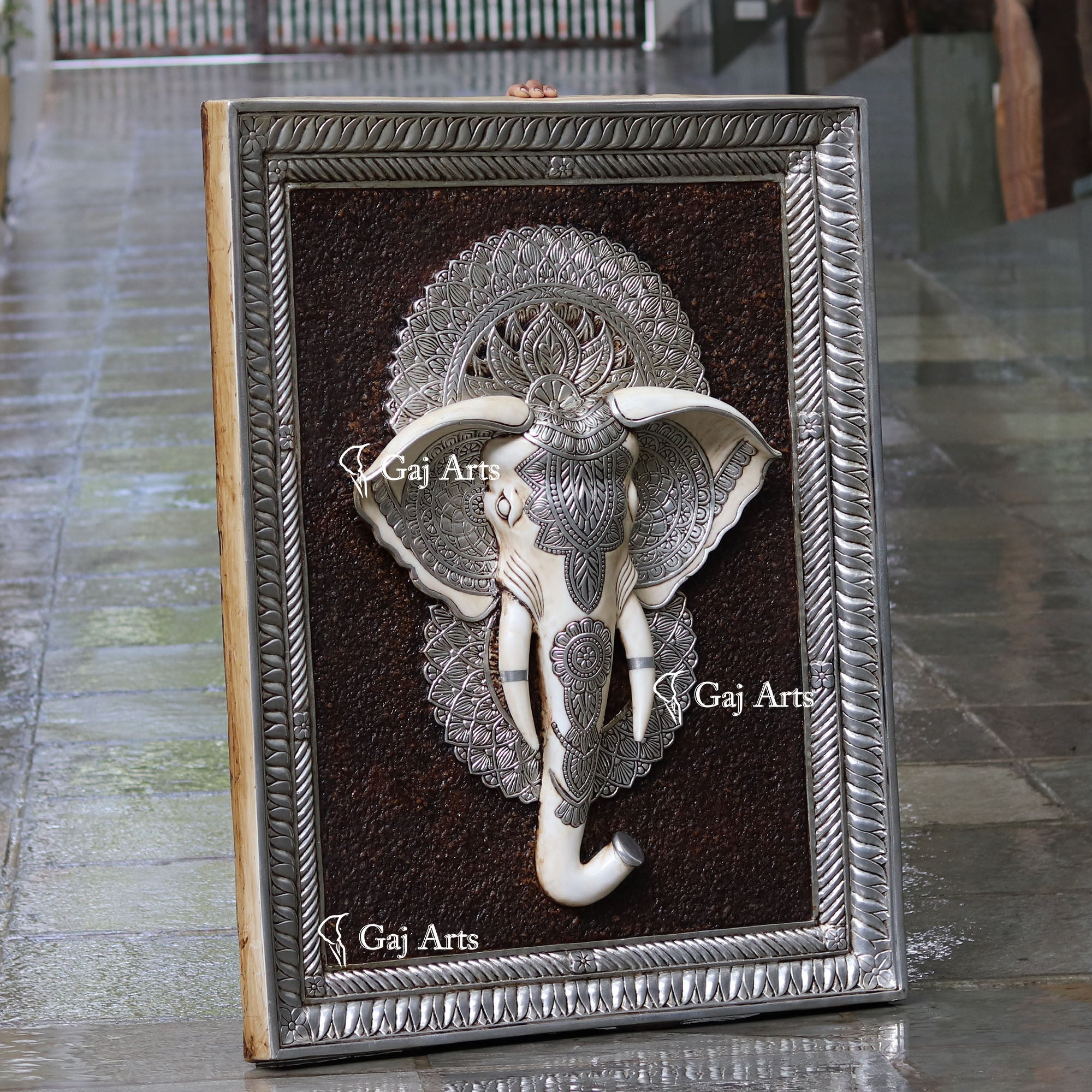 White Antique Finish  Elephant Face Wall Panel Silver Art | 48 Inch