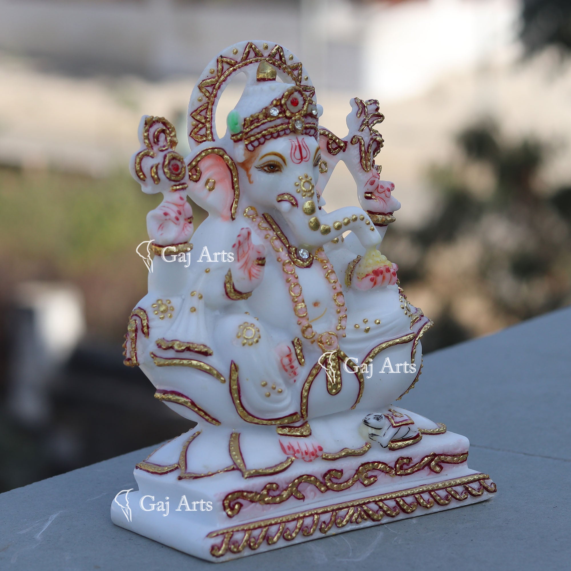 Hand Painted Marble Ganesh Idol with Detailing | 7 Inch