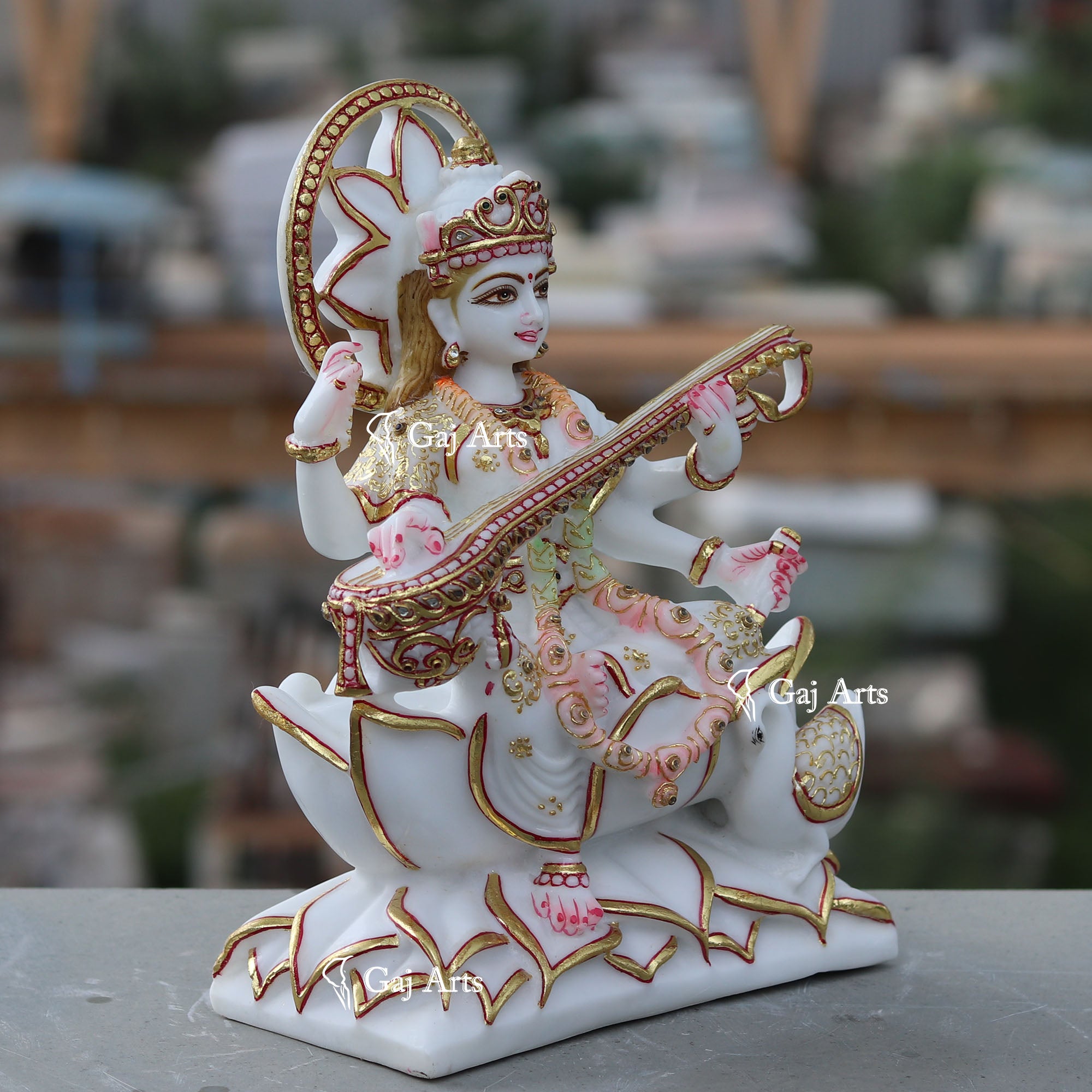 White Ethiopia Marble Saraswati Mata Statue | 12 Inch