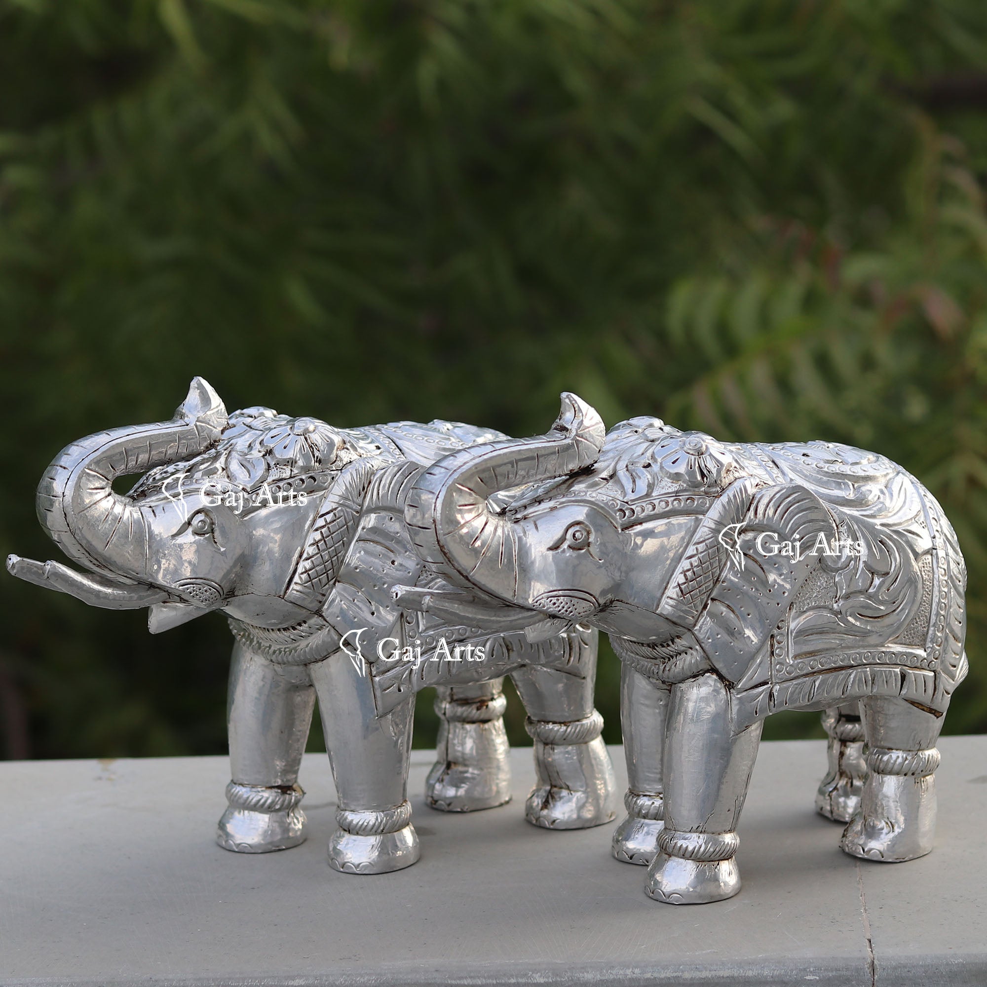 Wooden Elephant Statue with Silver Metal Work | 9 Inch