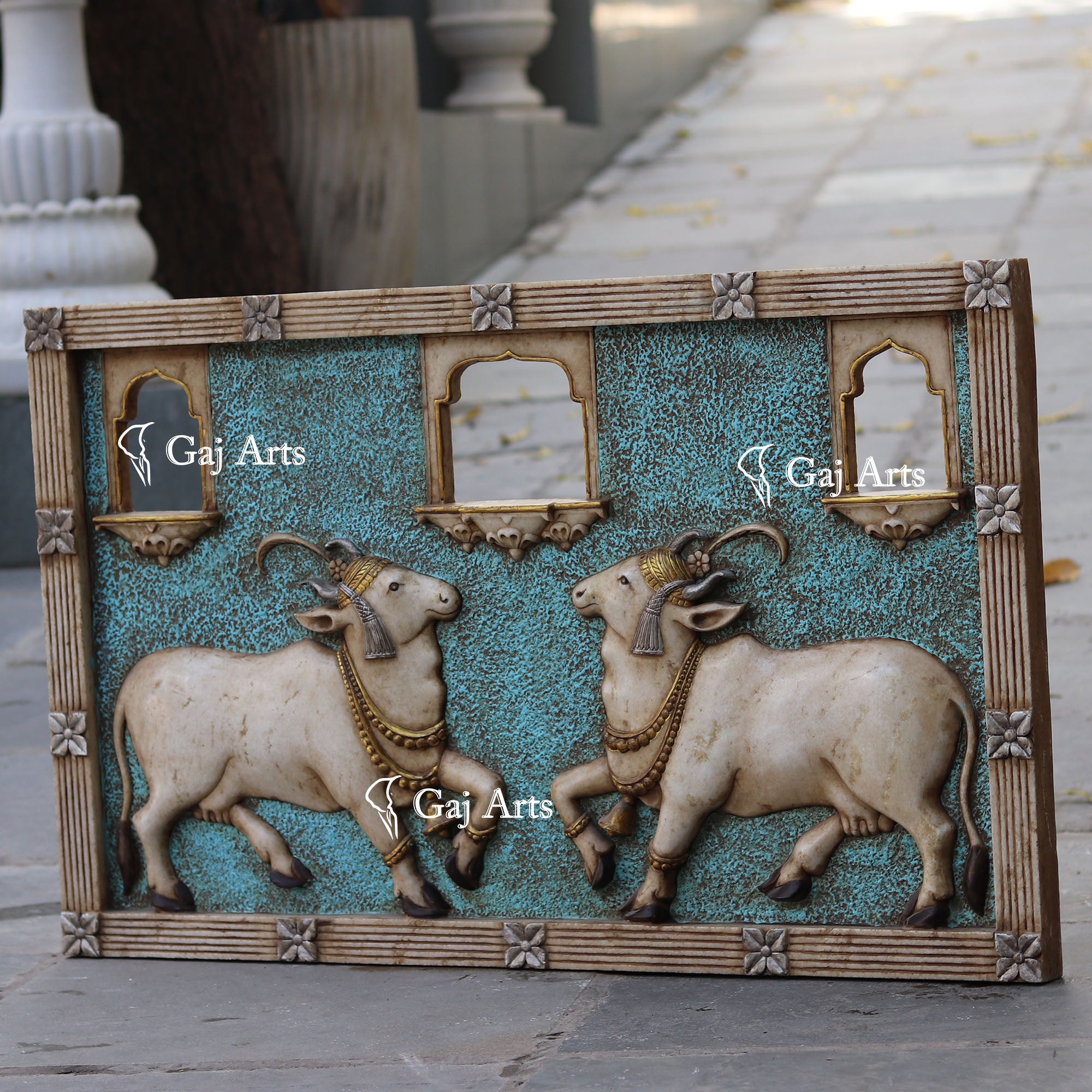 White Marble Jharokha with Cow Sculpture | 40 Inch