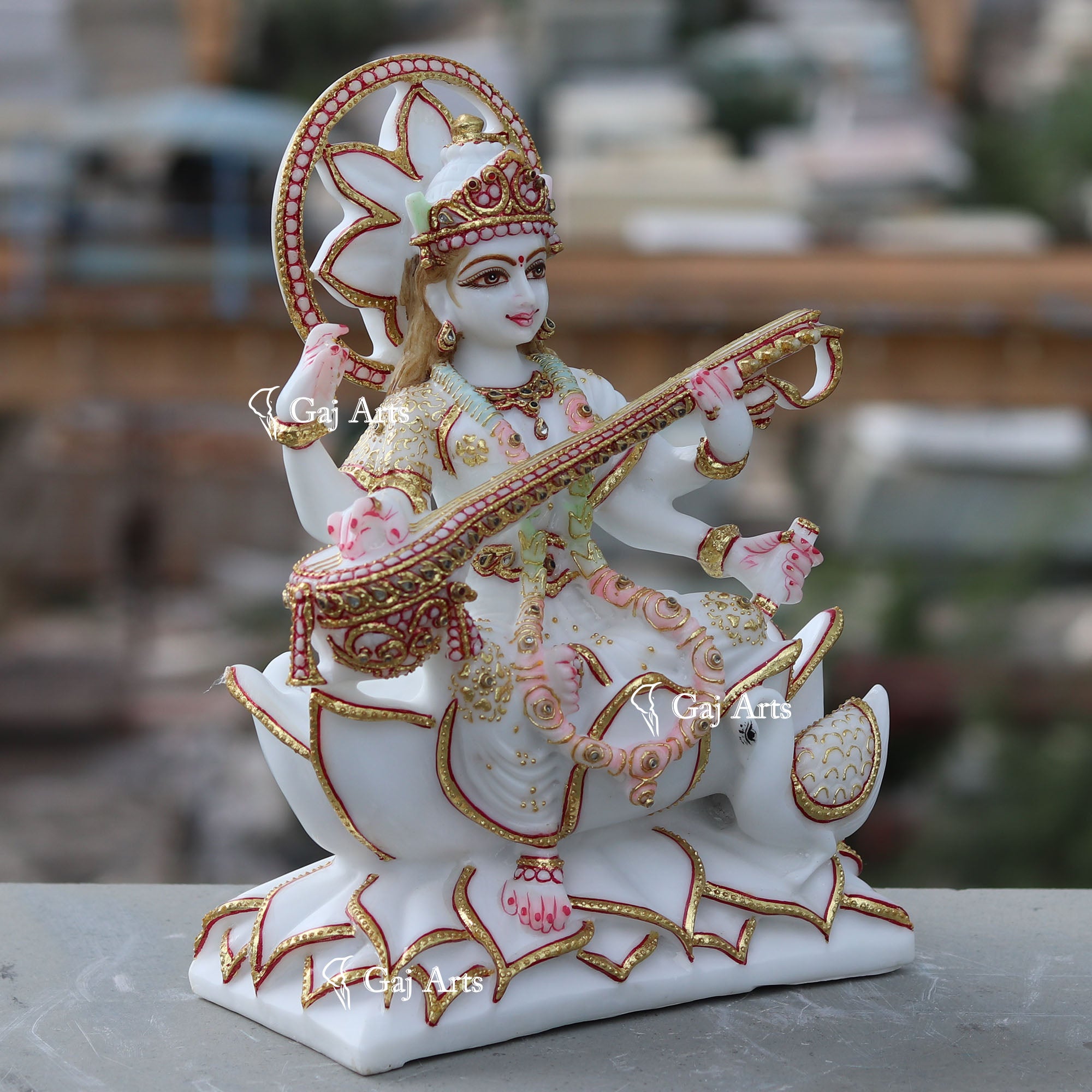 White Ethiopia Marble Saraswati Mata Statue | 12 Inch
