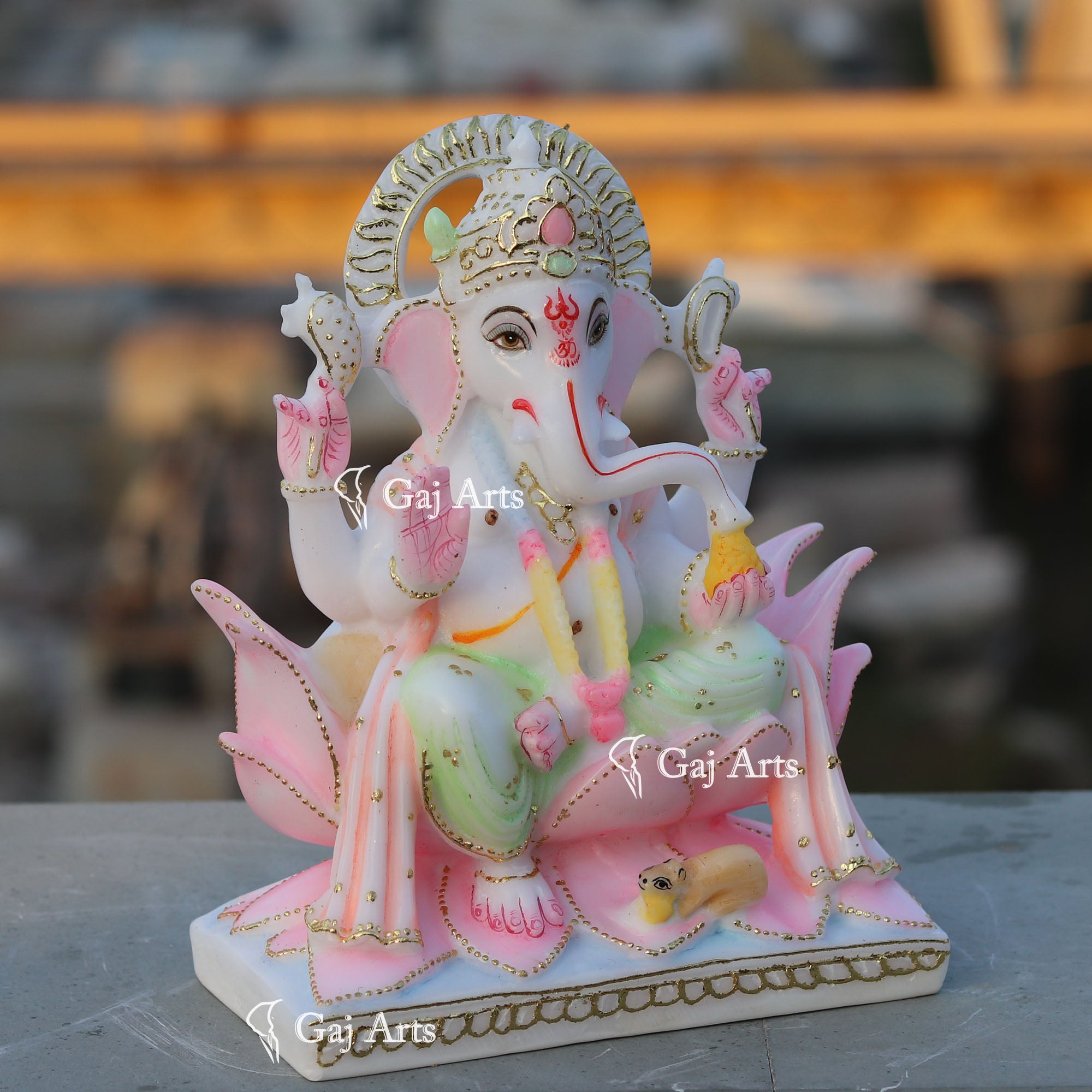 Marble Ganesh Idol on Lotus Base | 9 Inch