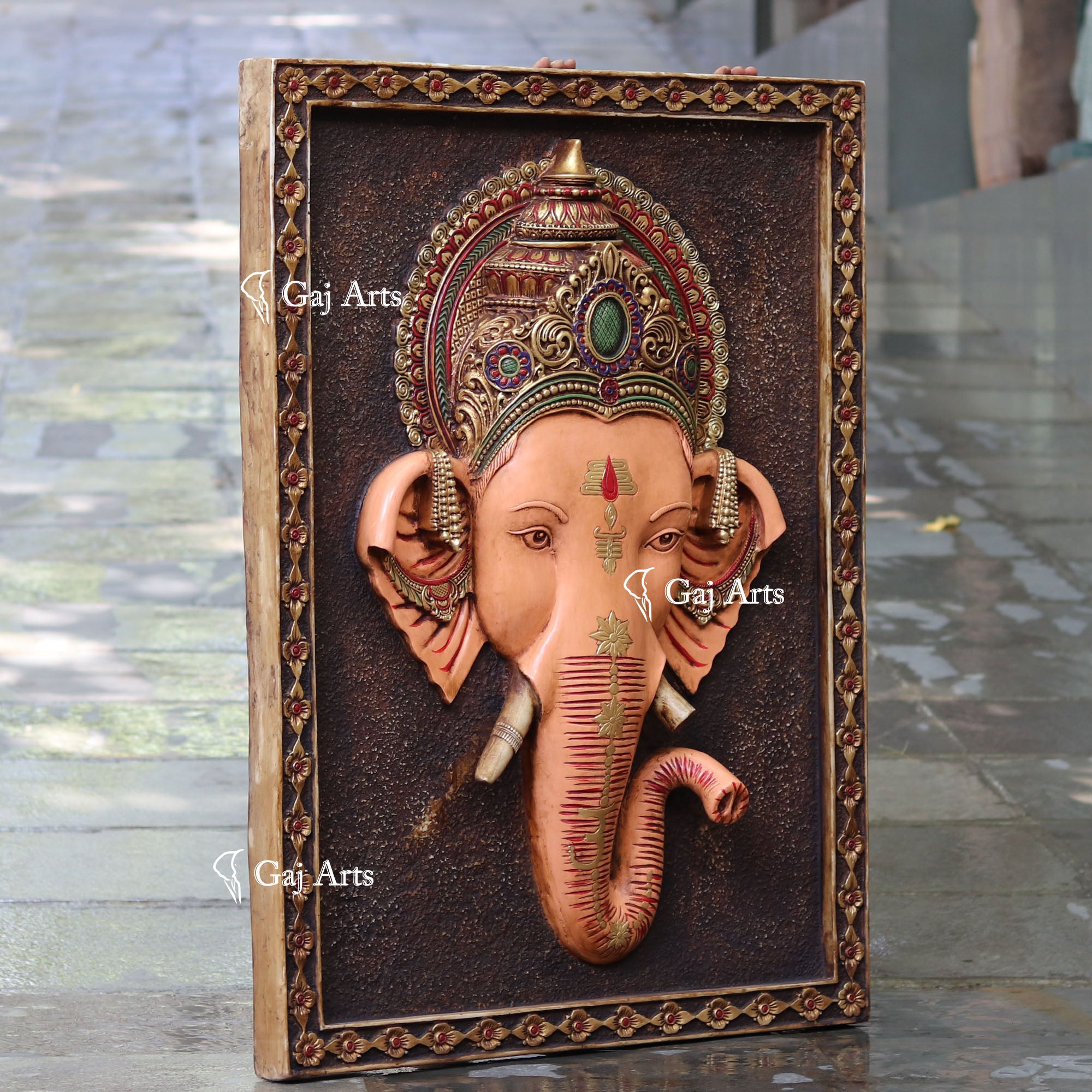 White Antique Finish  Ganpati Face Wall Panel | 48 Inch
