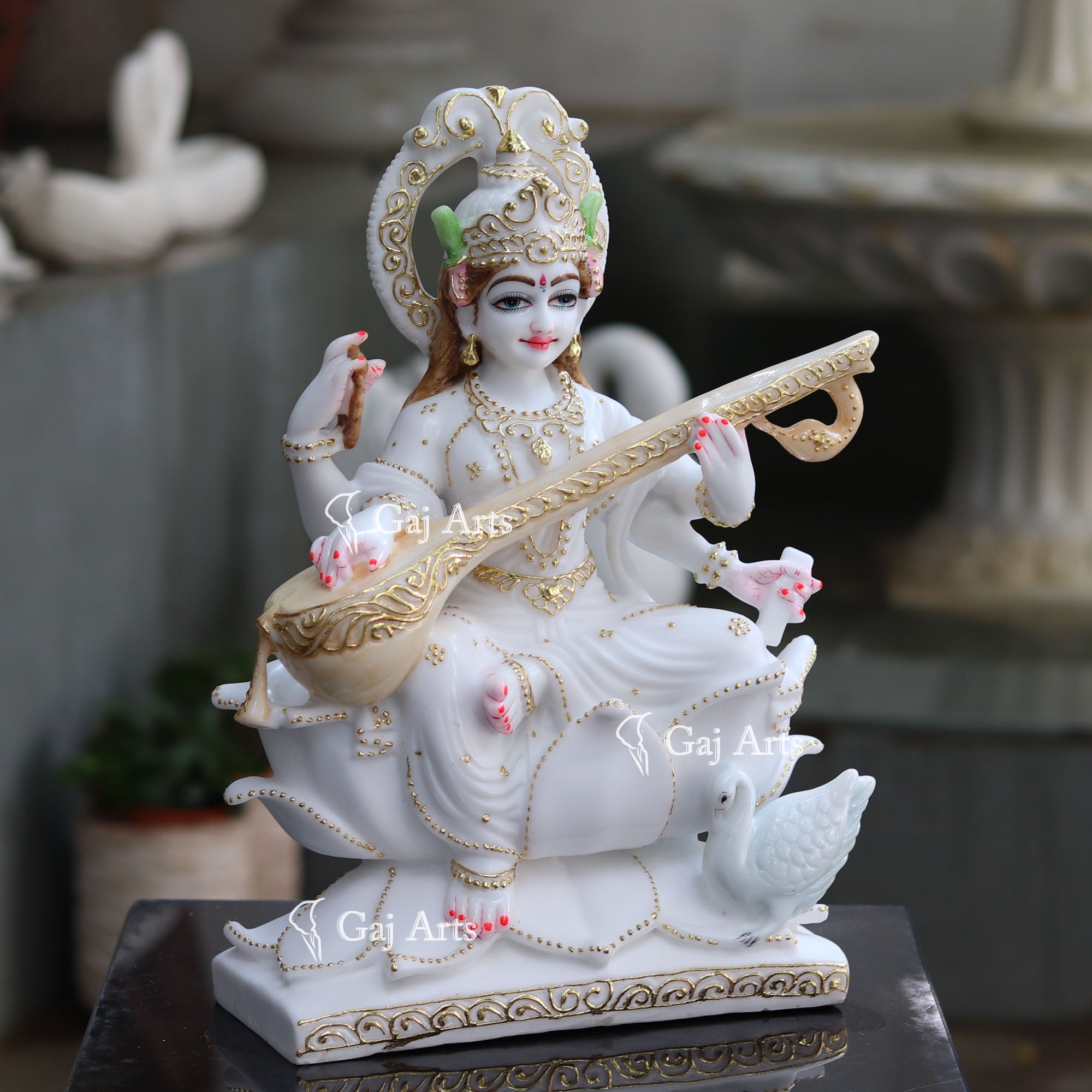 White Marble Saraswati Mata Statue | 18 Inch