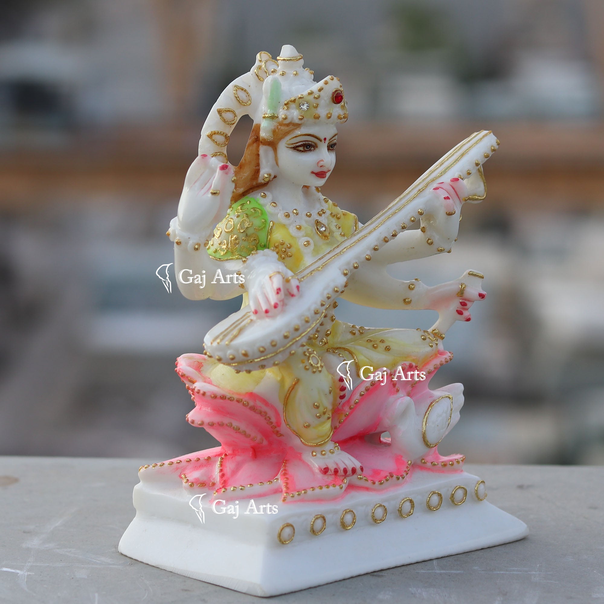 White Ethiopia Marble Saraswati Maa Idol | 6 Inch
