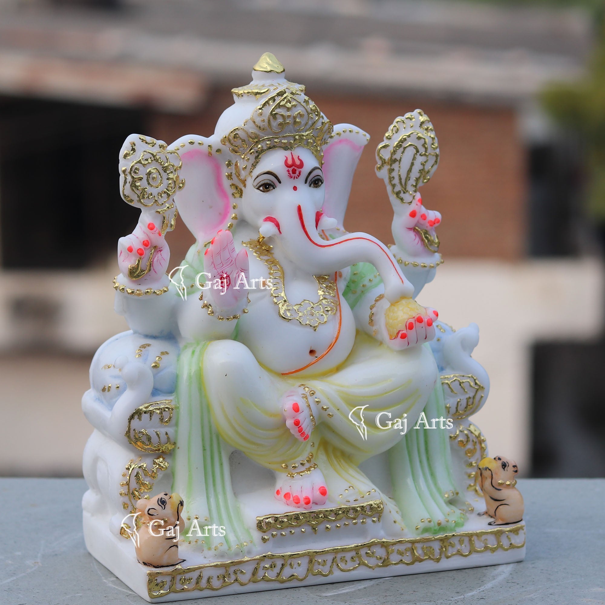Hand Painted Marble Ganesh Idol | 9 Inch