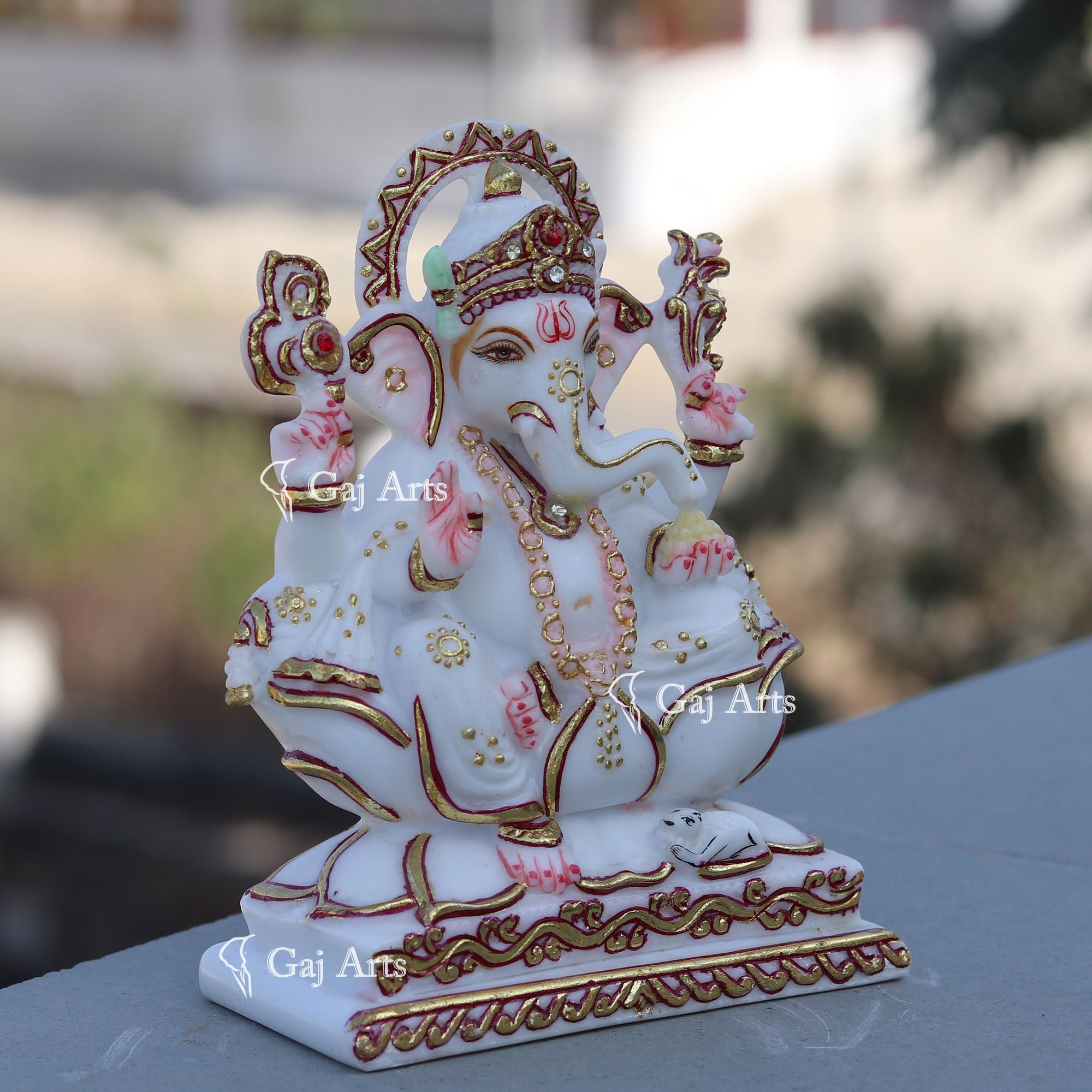 Marble Ganesh Idol with Gold Detailing | 7 Inch
