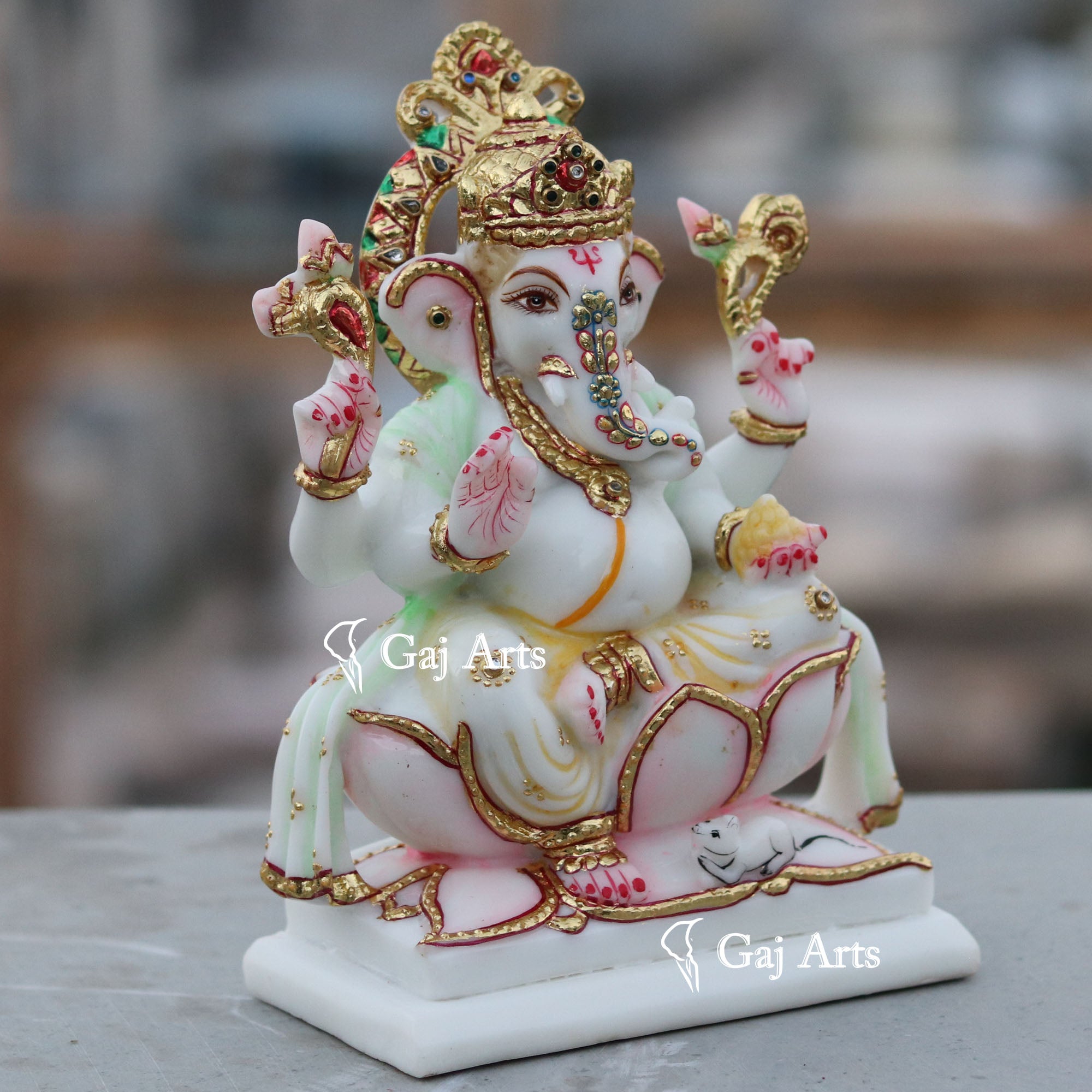 Marble Ganesh Idol with Gold Work | 8 Inch