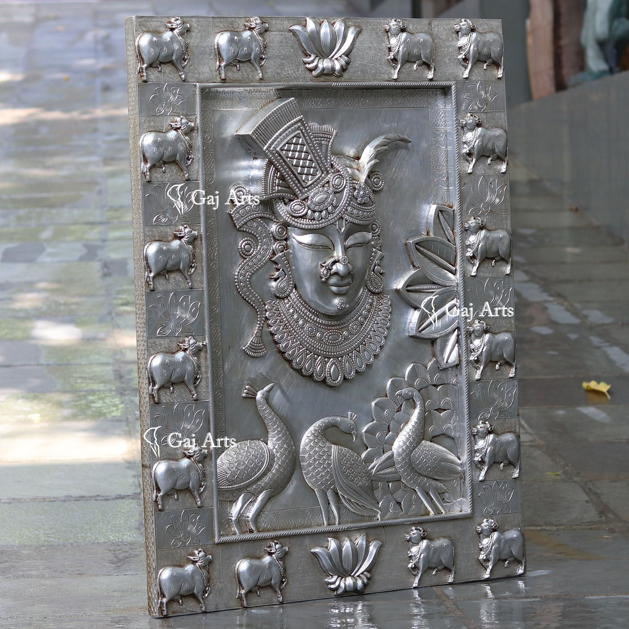 Wooden Shreenath Ji Wall Panel  Silver Art| 48 Inch