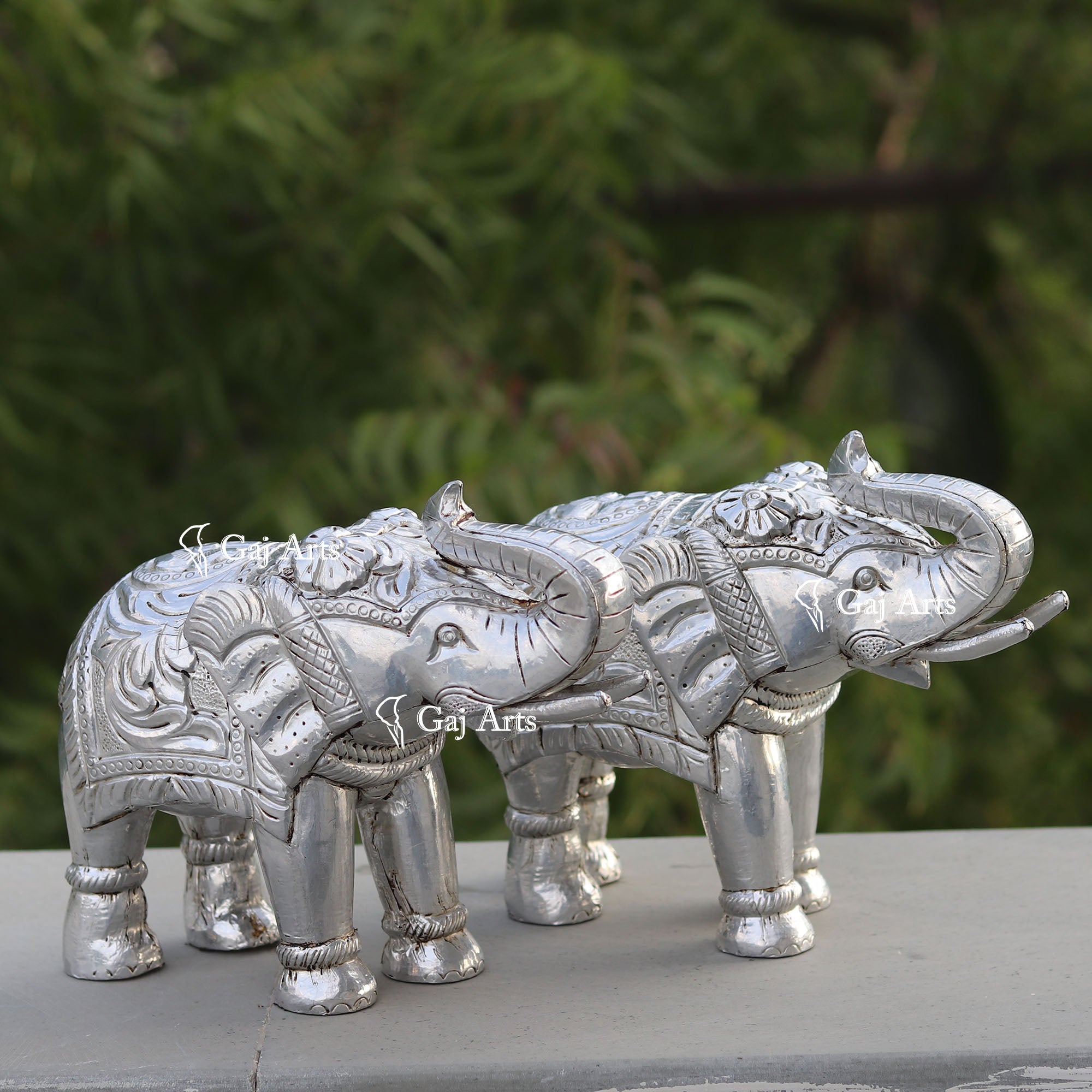 Wooden Elephant Statue with Silver Metal Work | 9 Inch