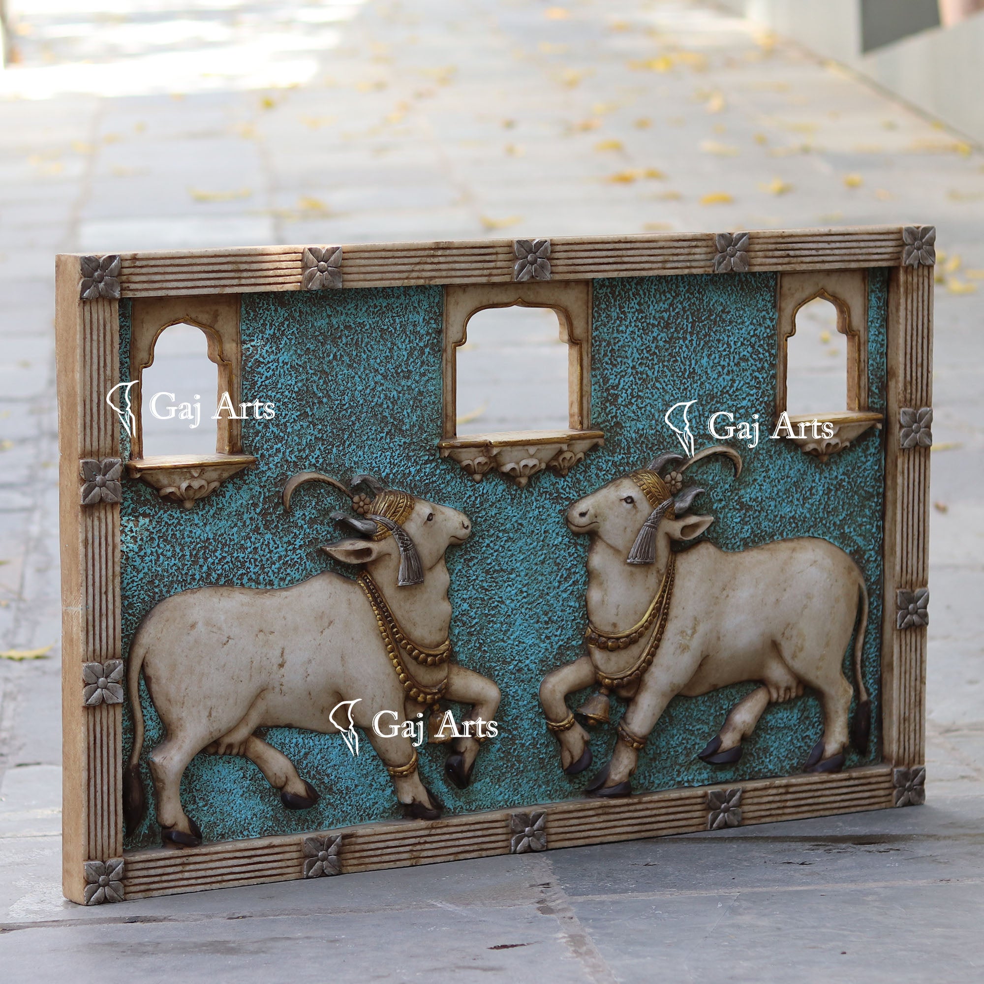 White Marble Jharokha with Cow Sculpture | 40 Inch