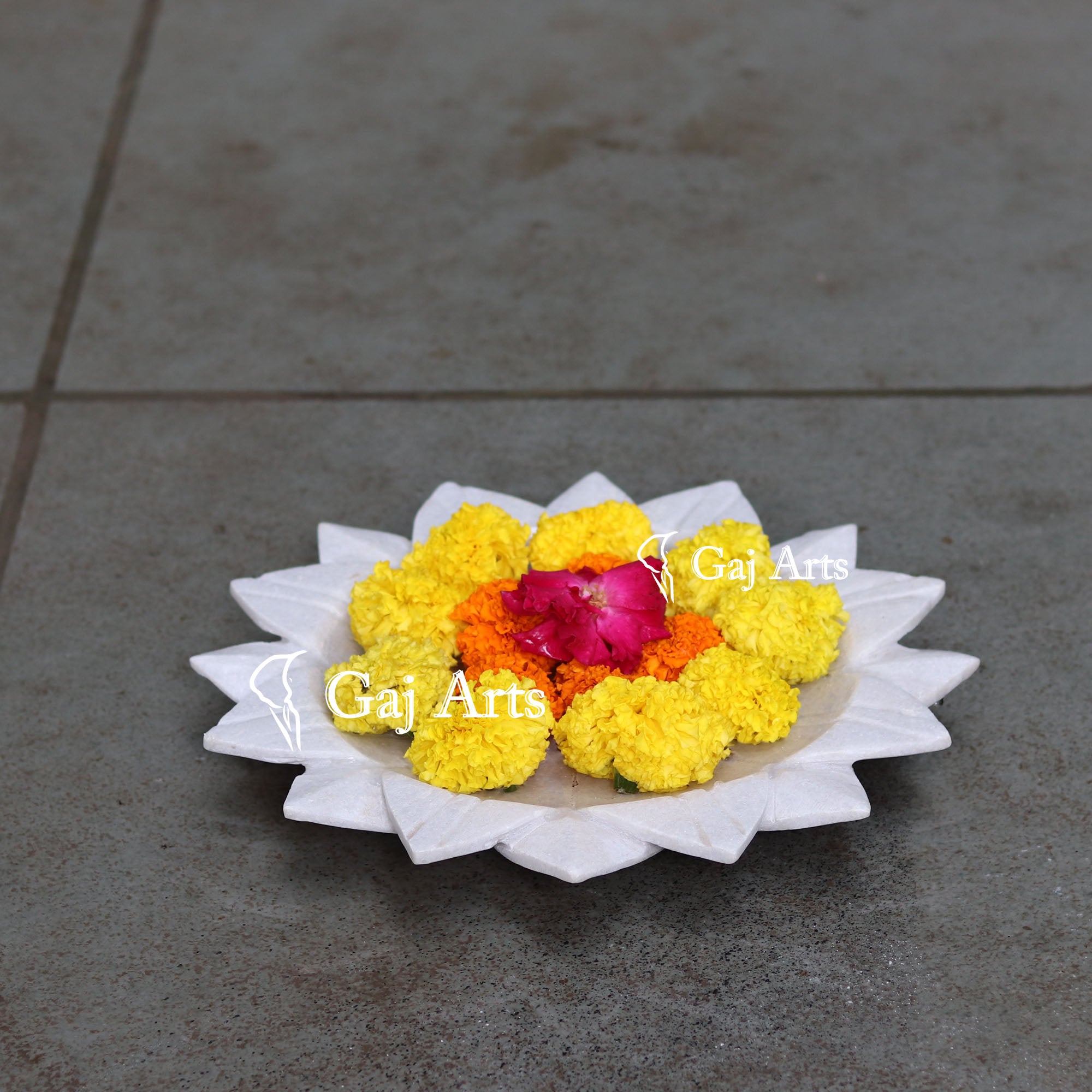 Designer White Marble Flower Bowl | 12 Inch