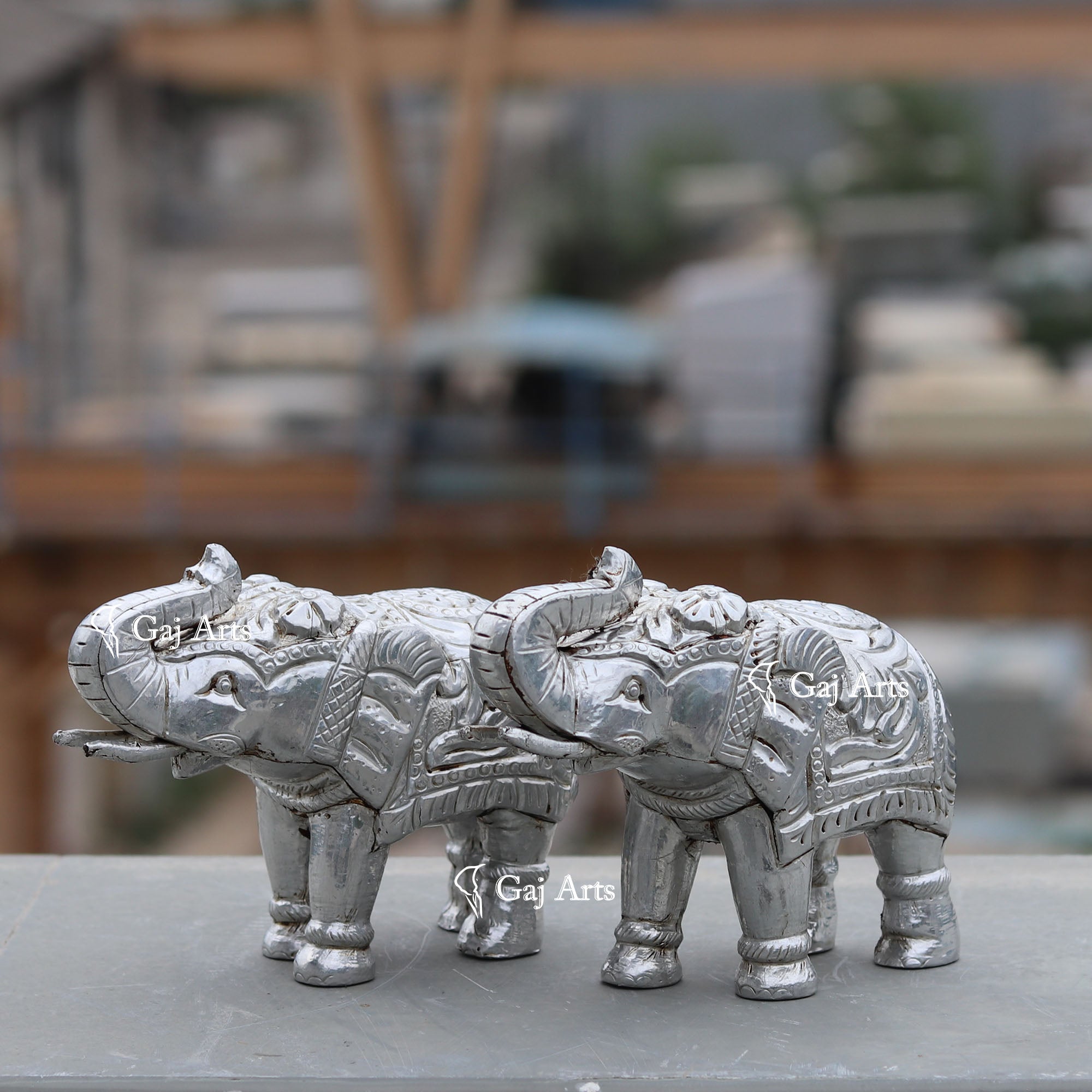 Wooden Elephant Statue with Silver Metal Work | 6 Inch