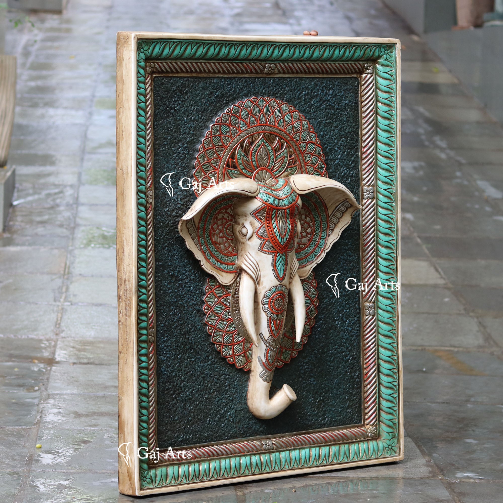 White Antique Finish  Elephant Face Wall Panel | 48 Inch