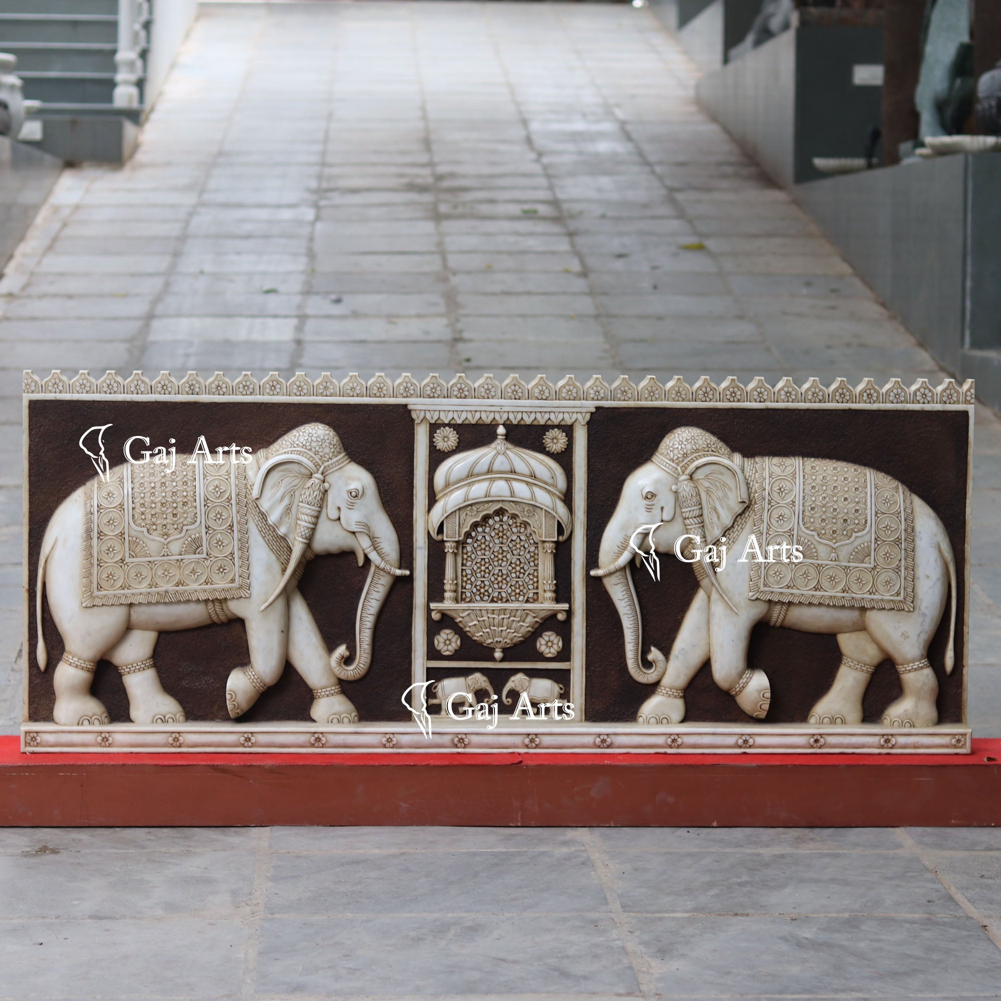 White Antique Finish Marble Elephant Wall Panel | 70 Inch