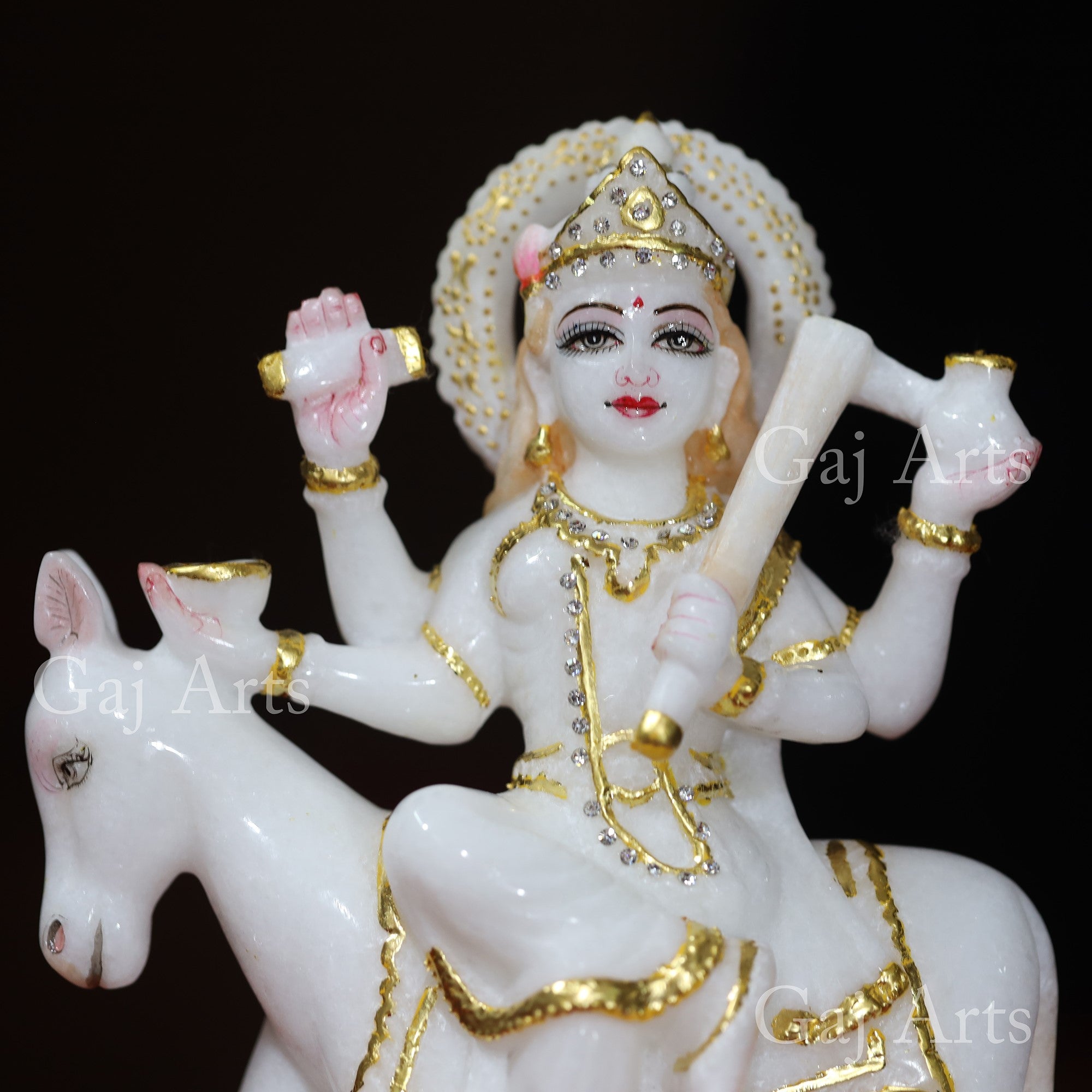 Makrana White Marble Shitala Maa Idol with Gold Foil | 9 Inch