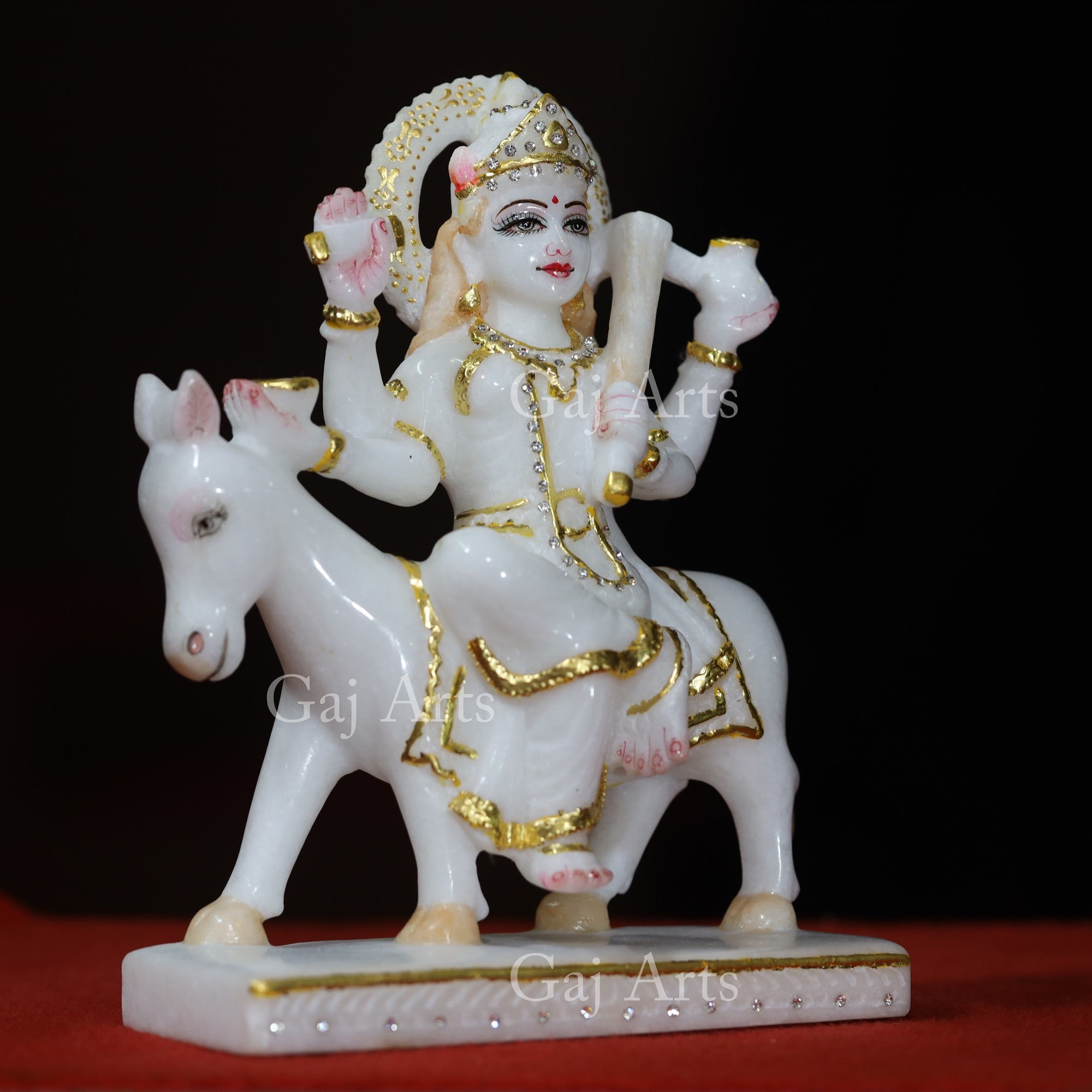 Makrana White Marble Shitala Maa Idol with Gold Foil | 9 Inch