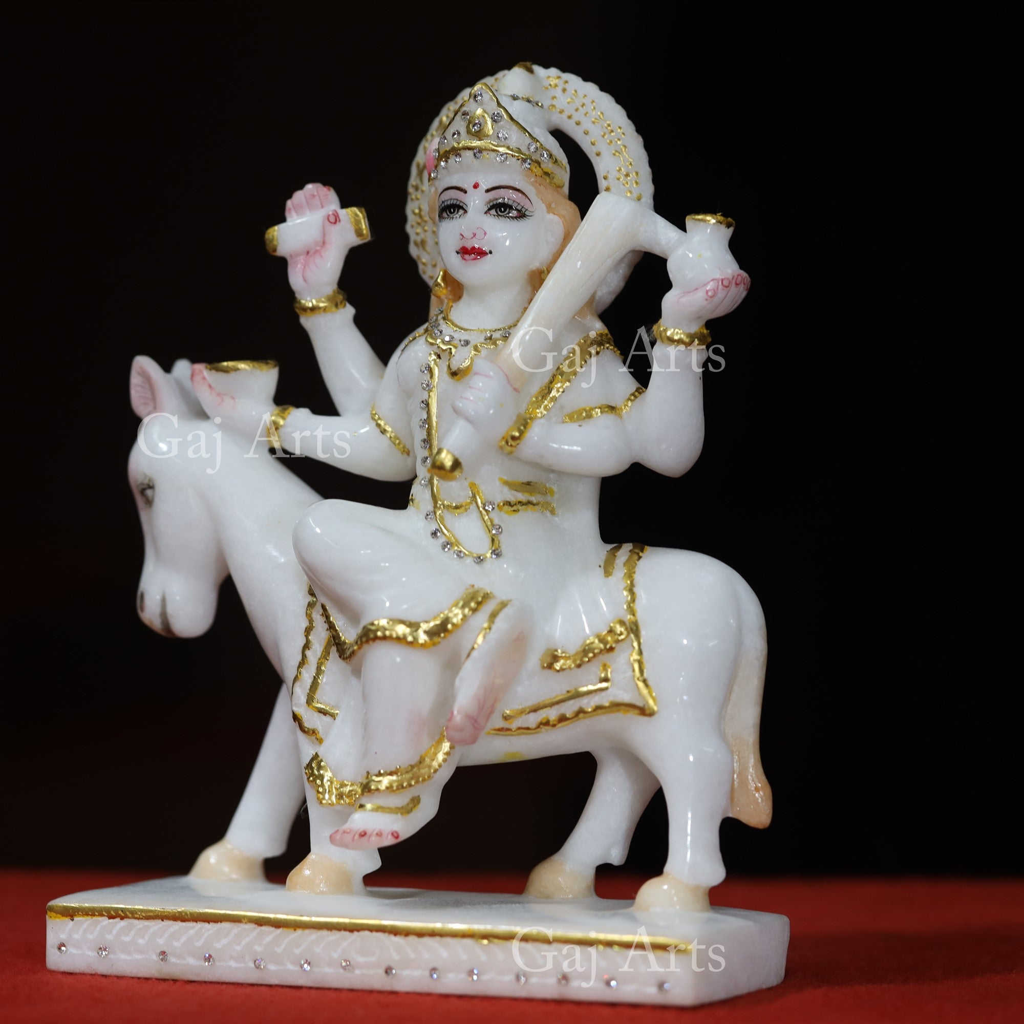 Makrana White Marble Shitala Maa Idol with Gold Foil | 9 Inch