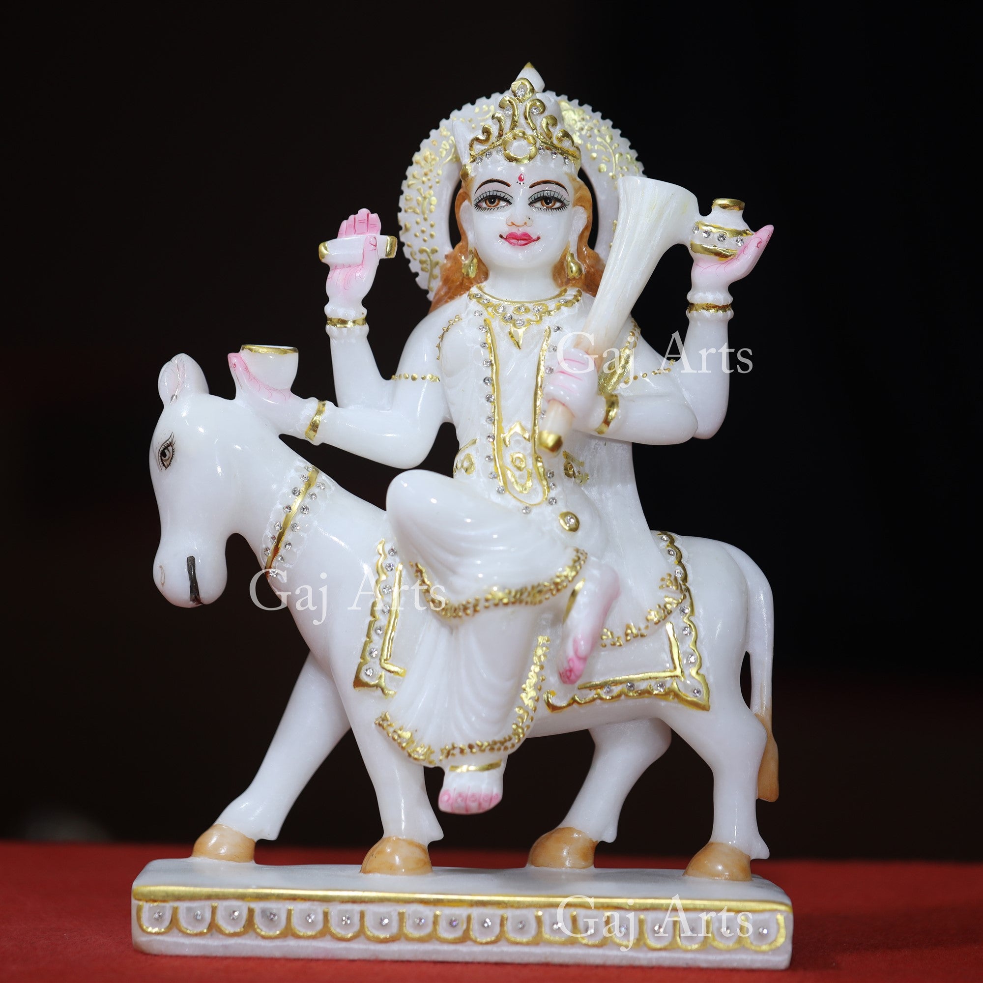Makrana White Marble Shitala Mata Statue with Gold Work | 12 Inch