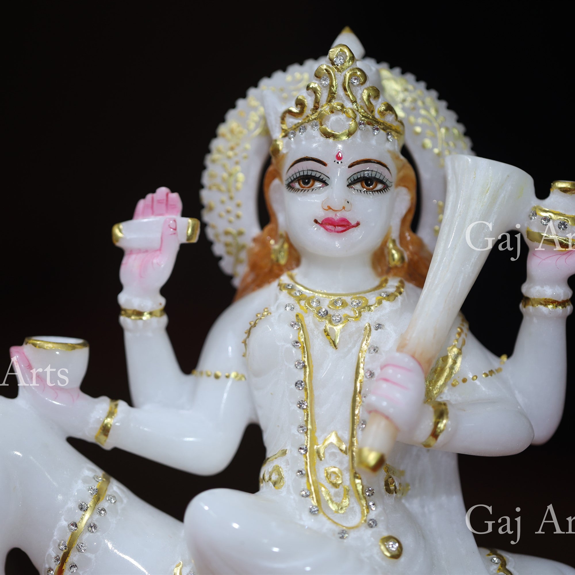 Makrana White Marble Shitala Mata Statue with Gold Work | 12 Inch