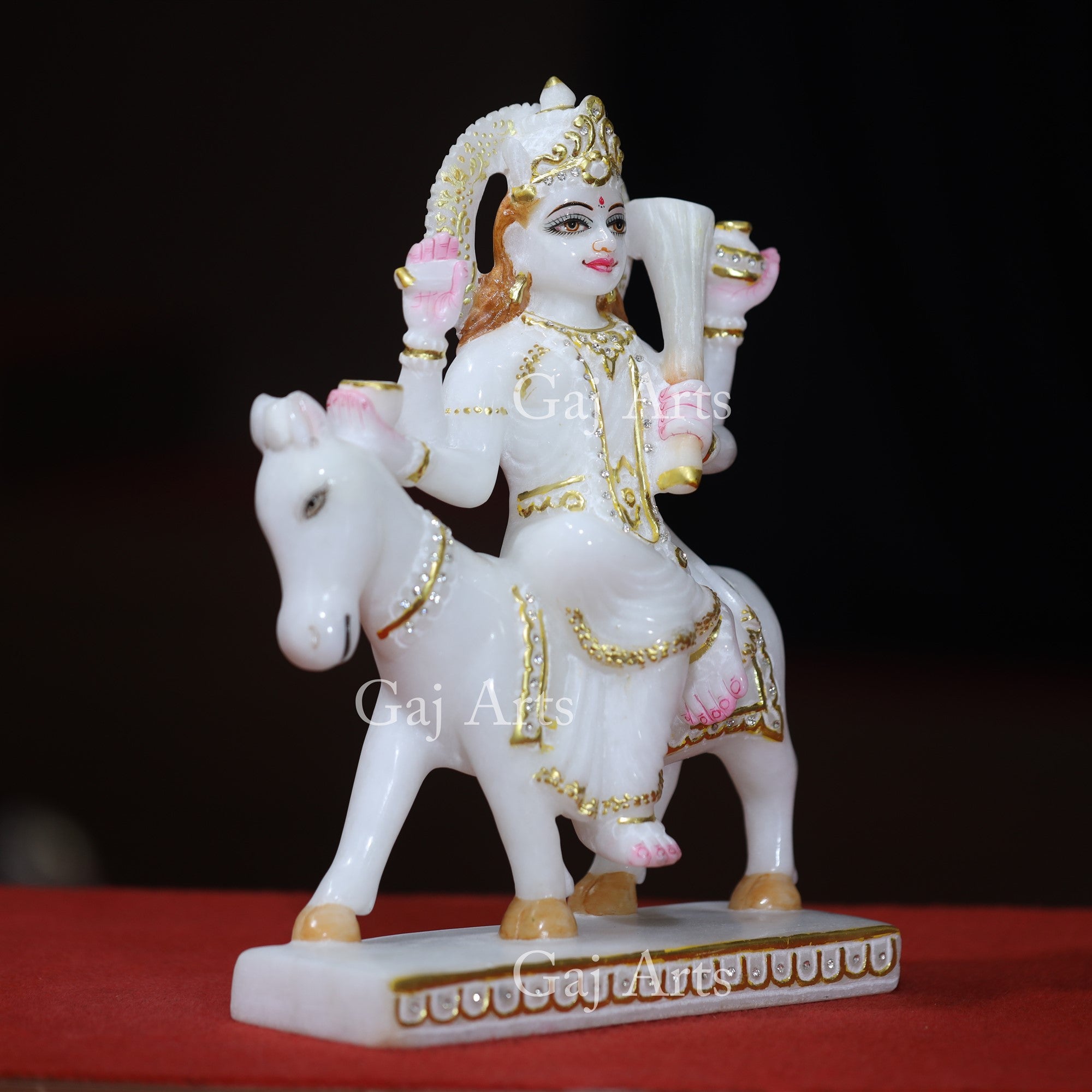Makrana White Marble Shitala Mata Statue with Gold Work | 12 Inch