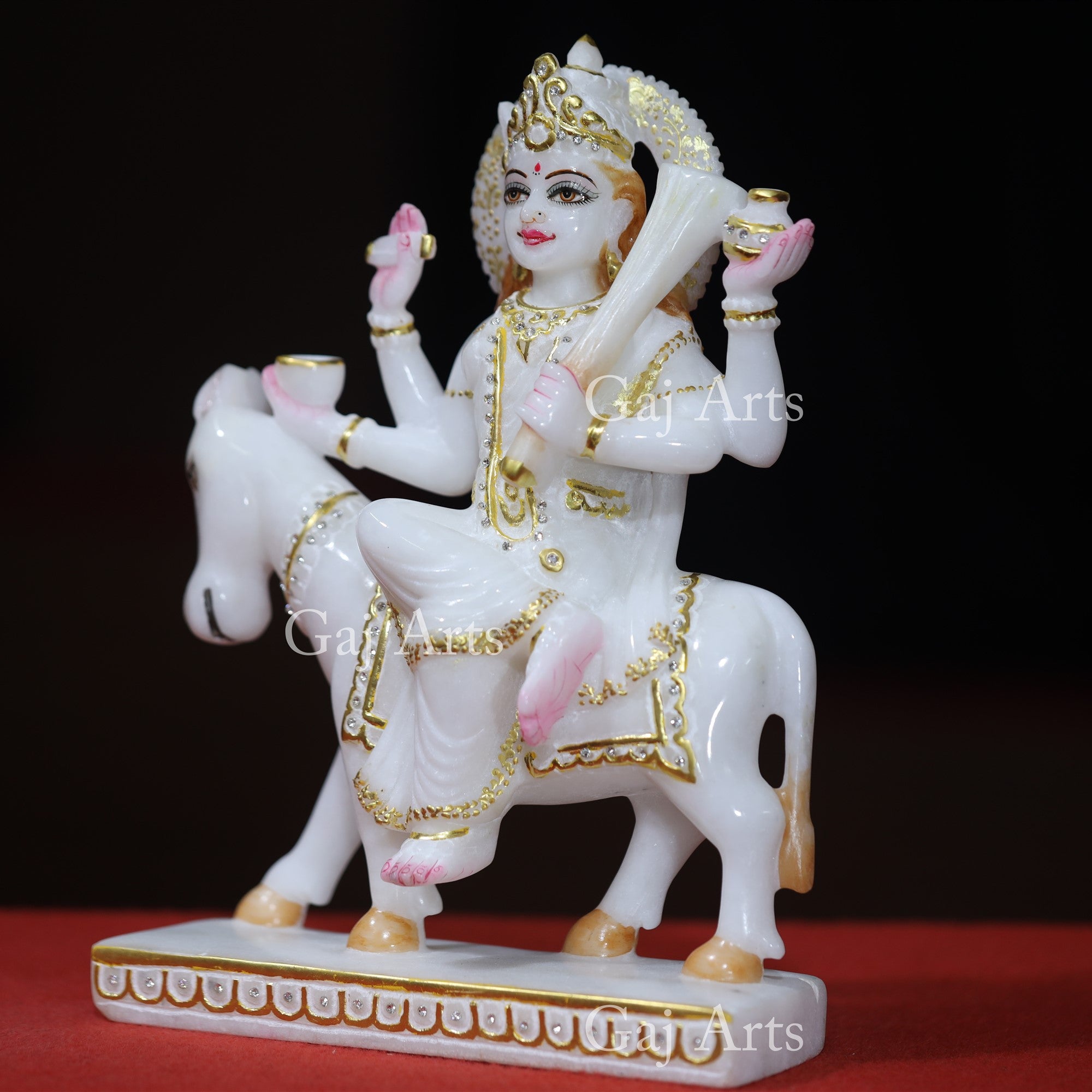 Makrana White Marble Shitala Mata Statue with Gold Work | 12 Inch