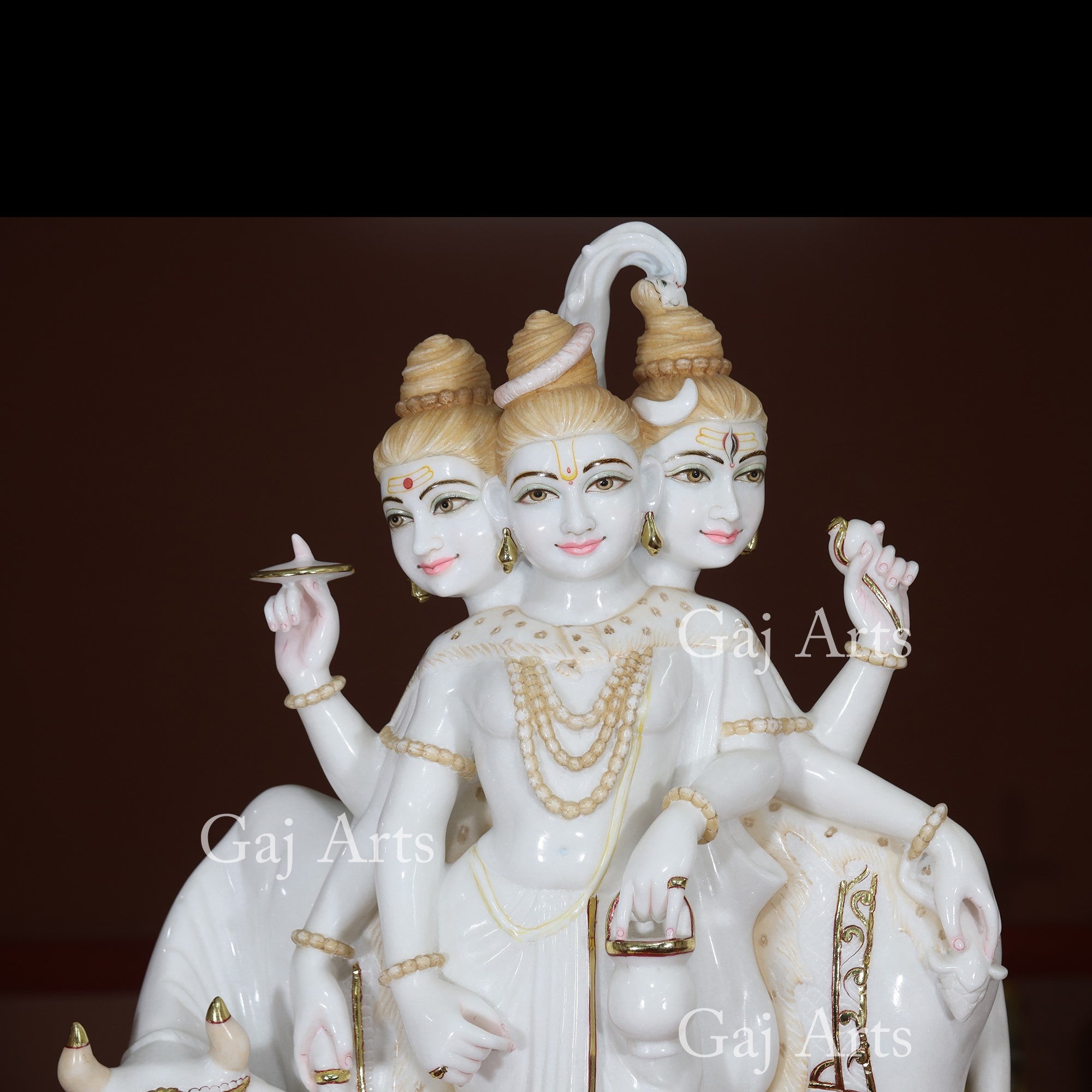 Super White Vietnam Marble Dattatreya Idol with Gold Foil | 36 Inch