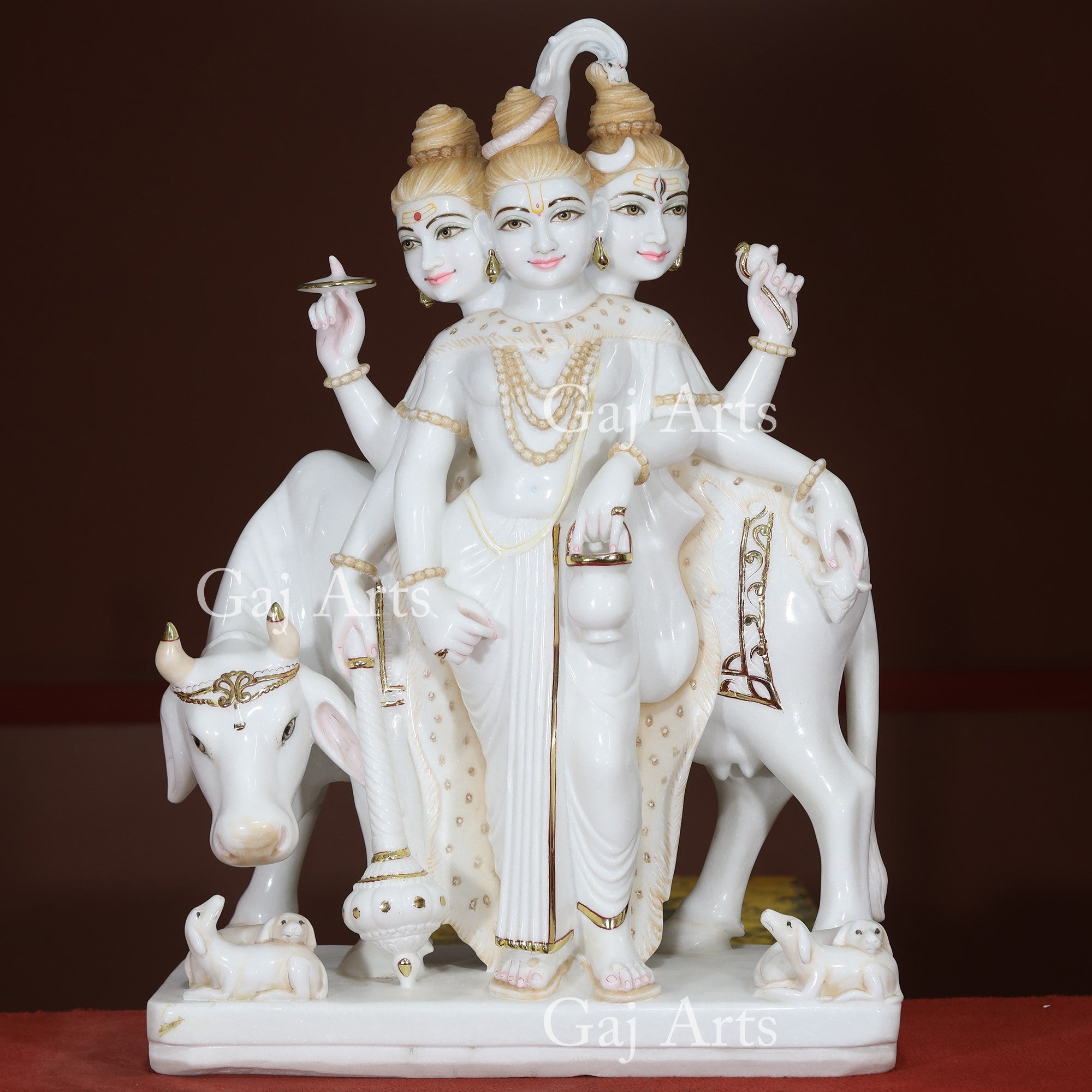 Super White Vietnam Marble Dattatreya Idol with Gold Foil | 36 Inch