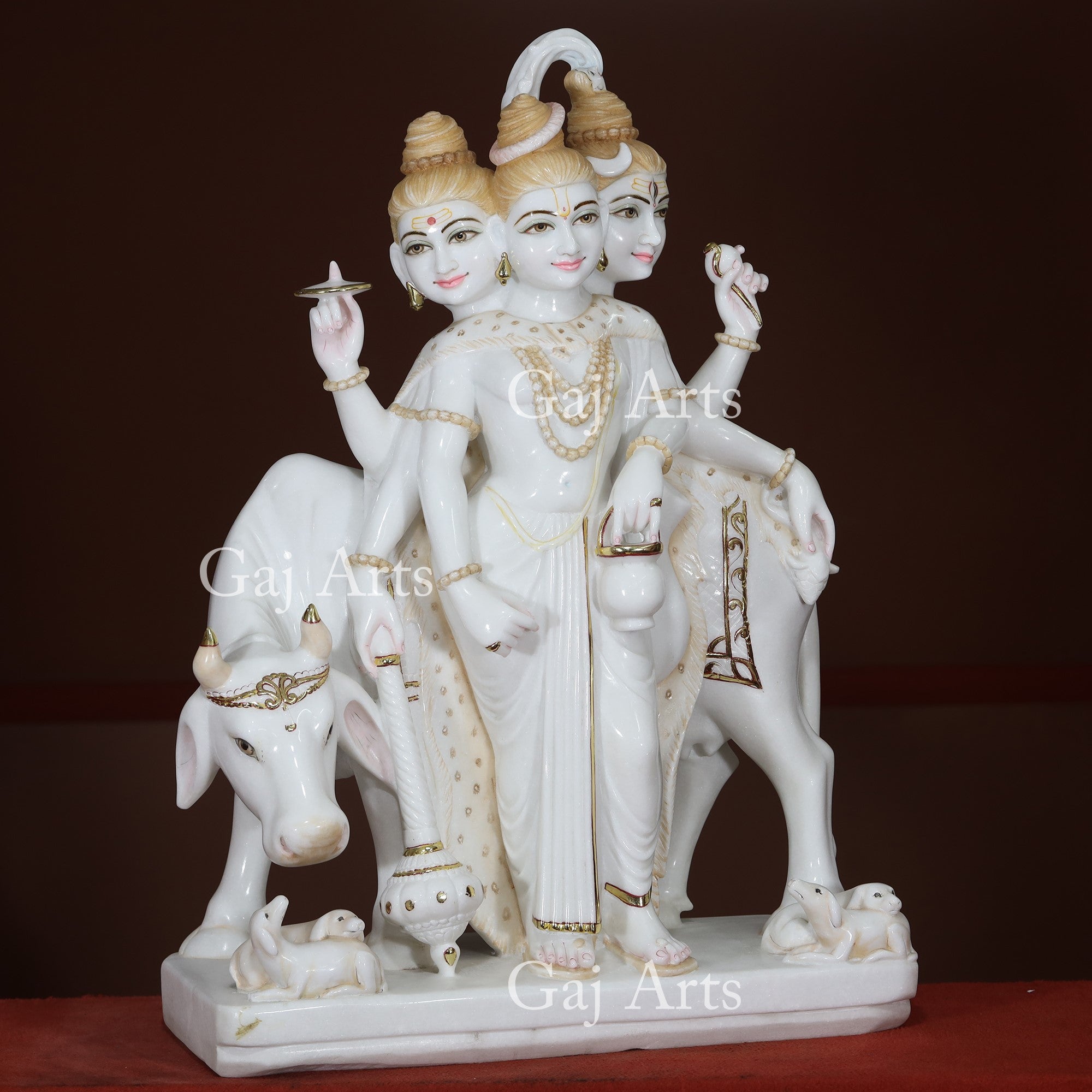 Super White Vietnam Marble Dattatreya Idol with Gold Foil | 36 Inch