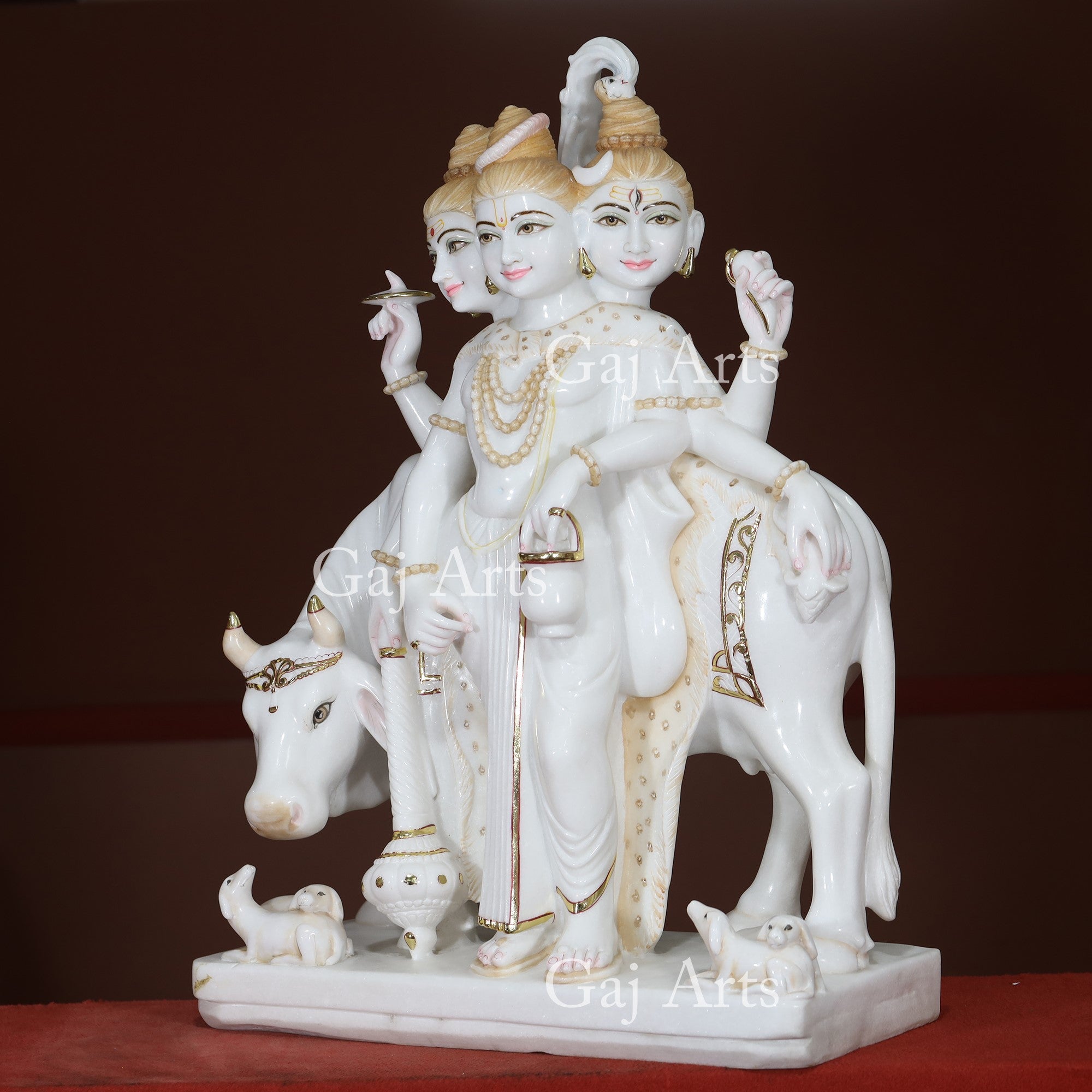 Super White Vietnam Marble Dattatreya Idol with Gold Foil | 36 Inch