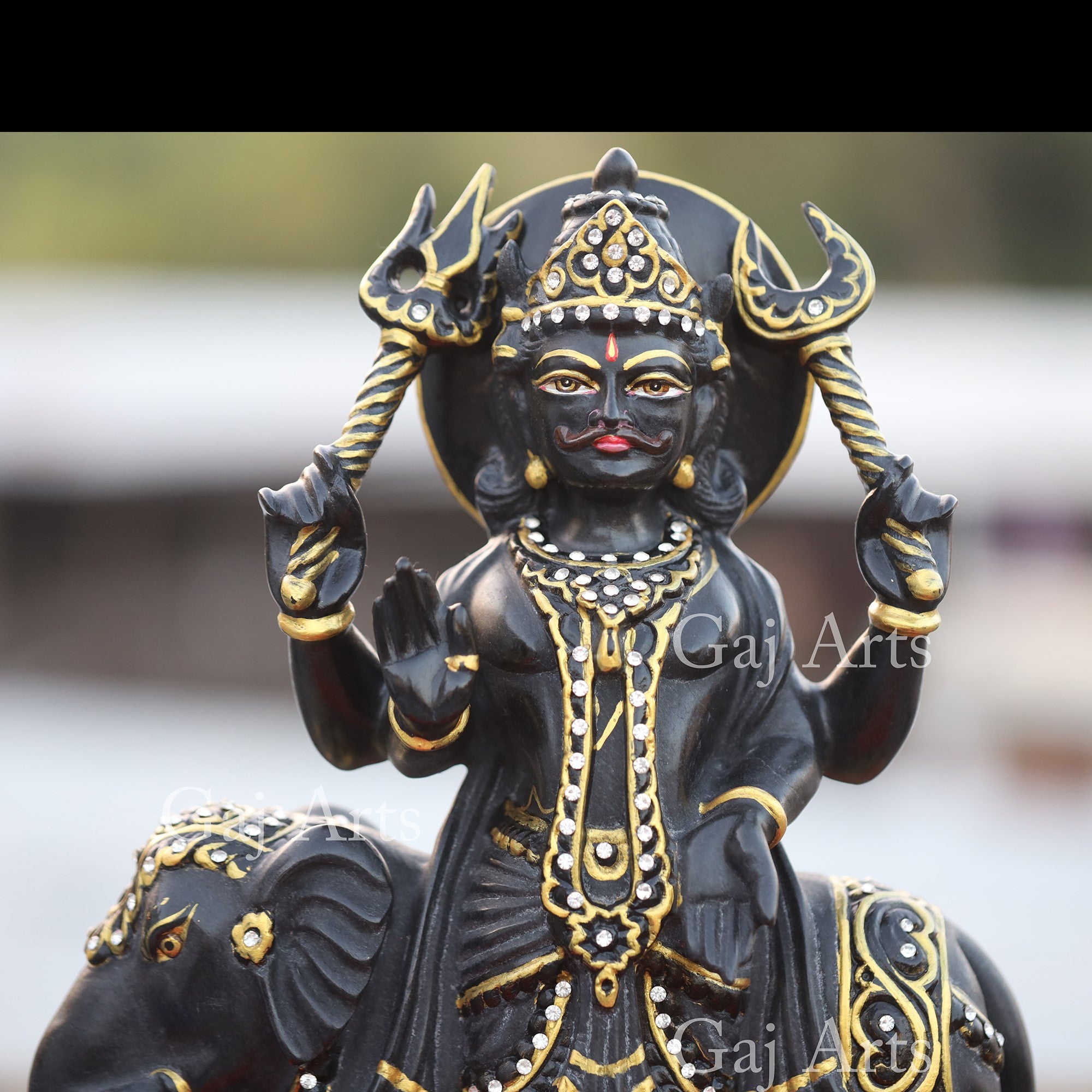 Rajasthan Black Marble Shani Dev Statue with Gold Foil | 15 Inch