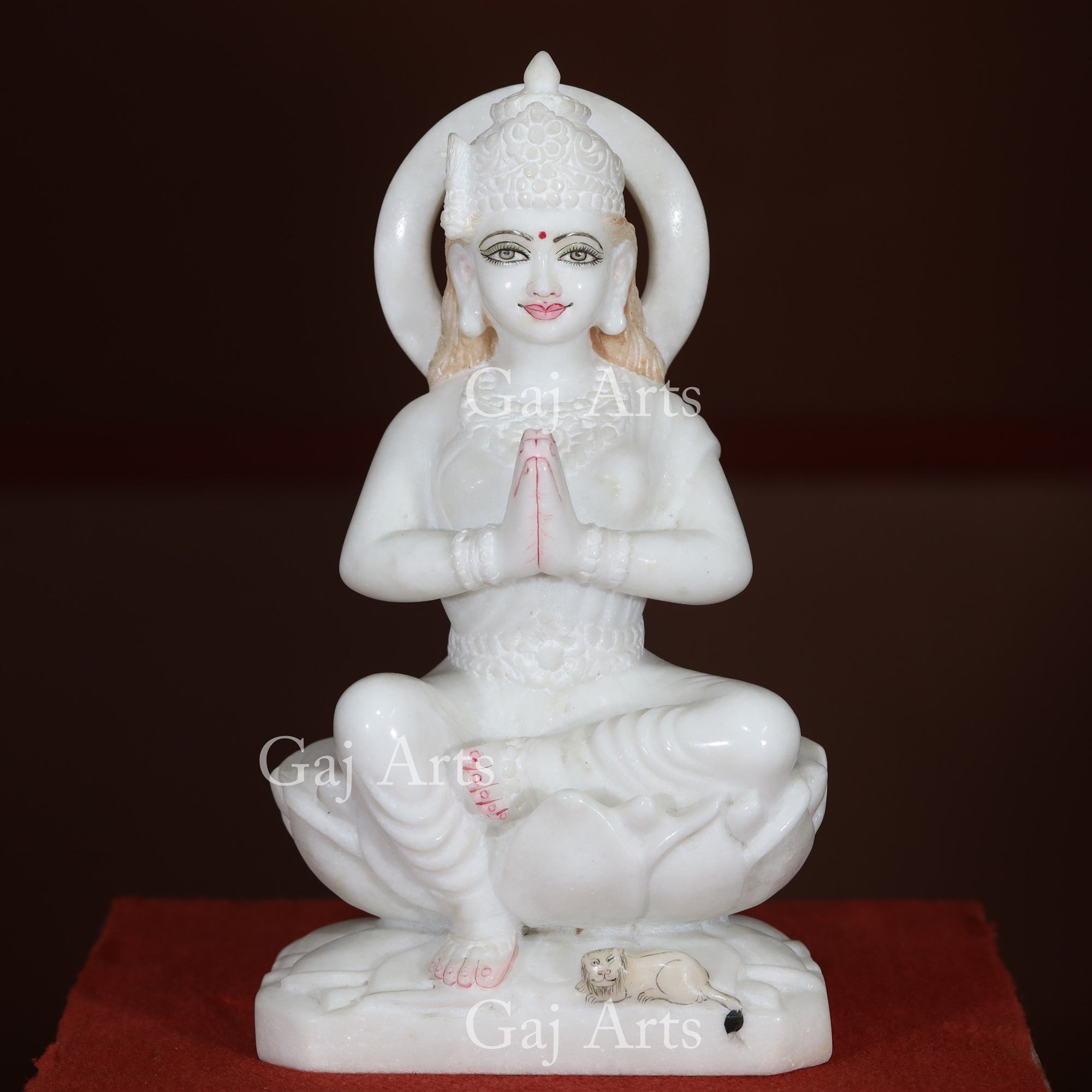 Makrana White Marble Parvati Maa Idol with Lion | 15 Inch