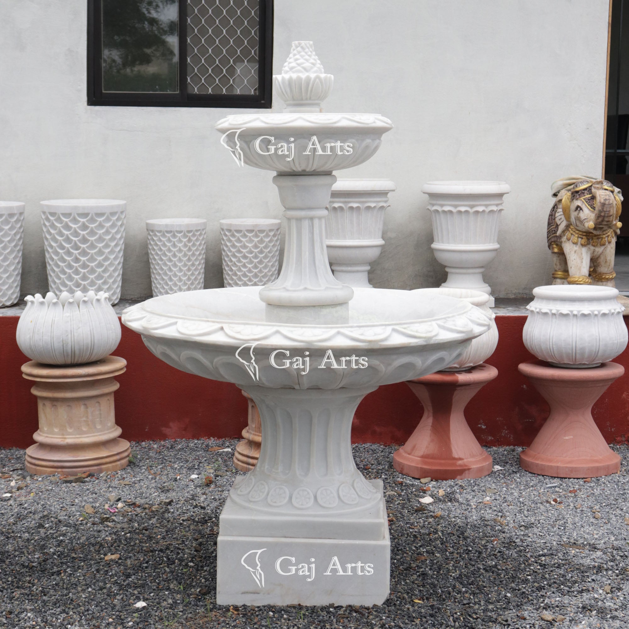 White Marble Floral Water Fountain | 72 Inch